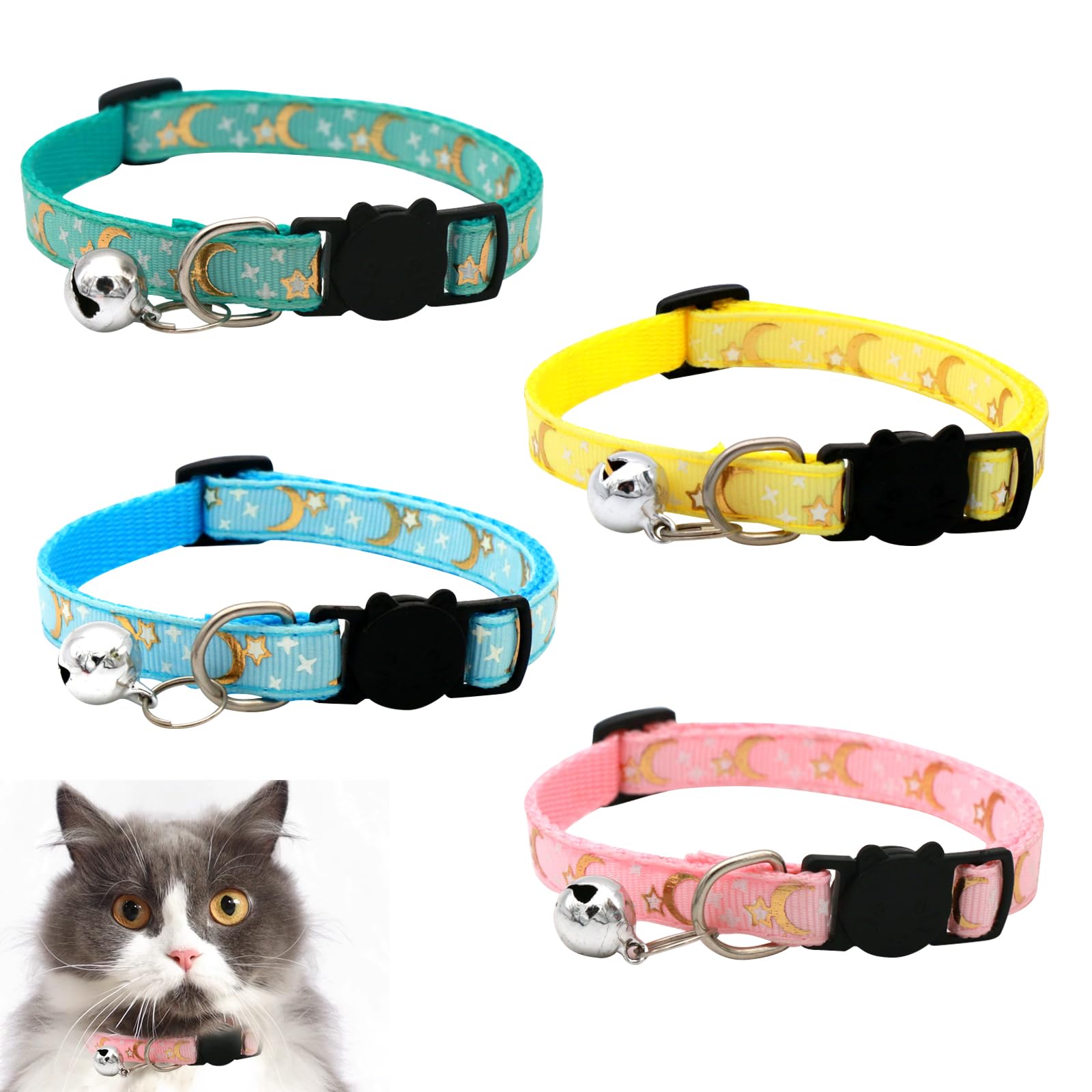 4 Pieces Cat Collar with Safety Clasp, Reflective Adjustable Cat Collar with Bell, Moon and Star Pattern, Yellow, Blue, Green, Pink
