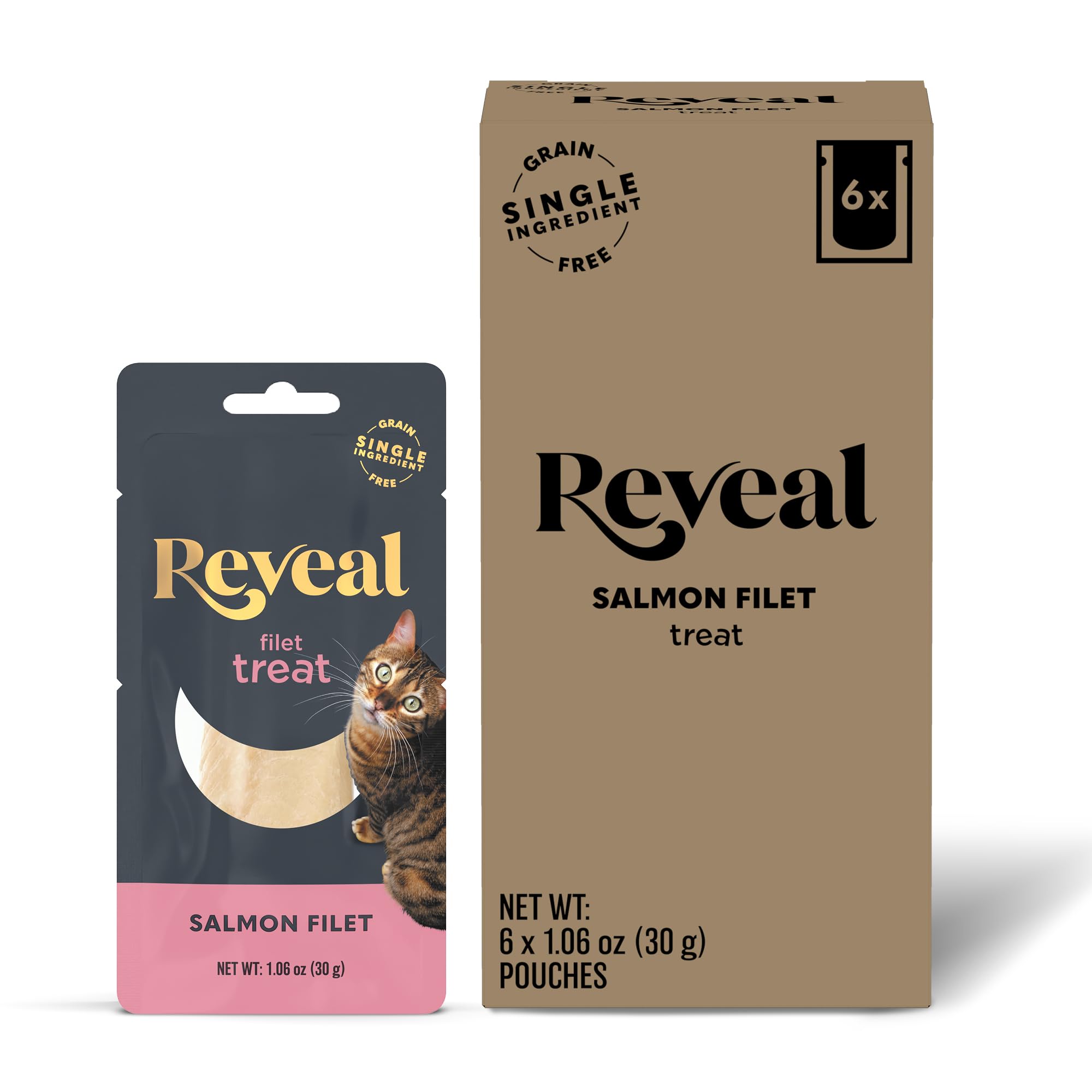 Reveal Natural Cat Treats, 6 Count Single Ingredient Treat for Cats, Grain Free, Whole Salmon Loin, 1.06 oz Bags