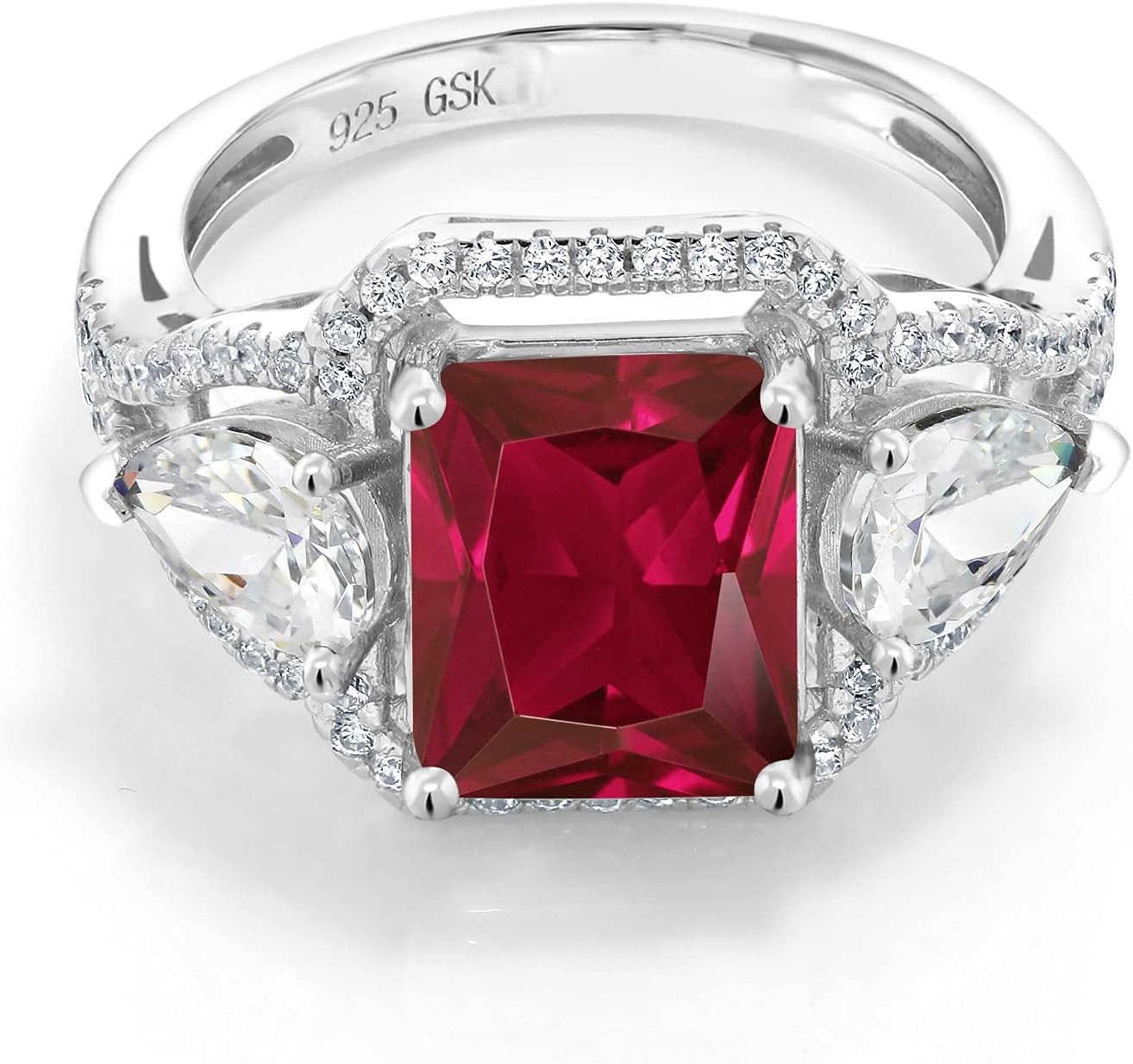 Gem Stone King 4.59 Cttw Red Created Ruby Ring For Women | 925 Sterling Silver | Emerald Cut 10X8MM | Gemstone Birthstone | 3 Stone Wedding Engagement Anniversary Promise Ring