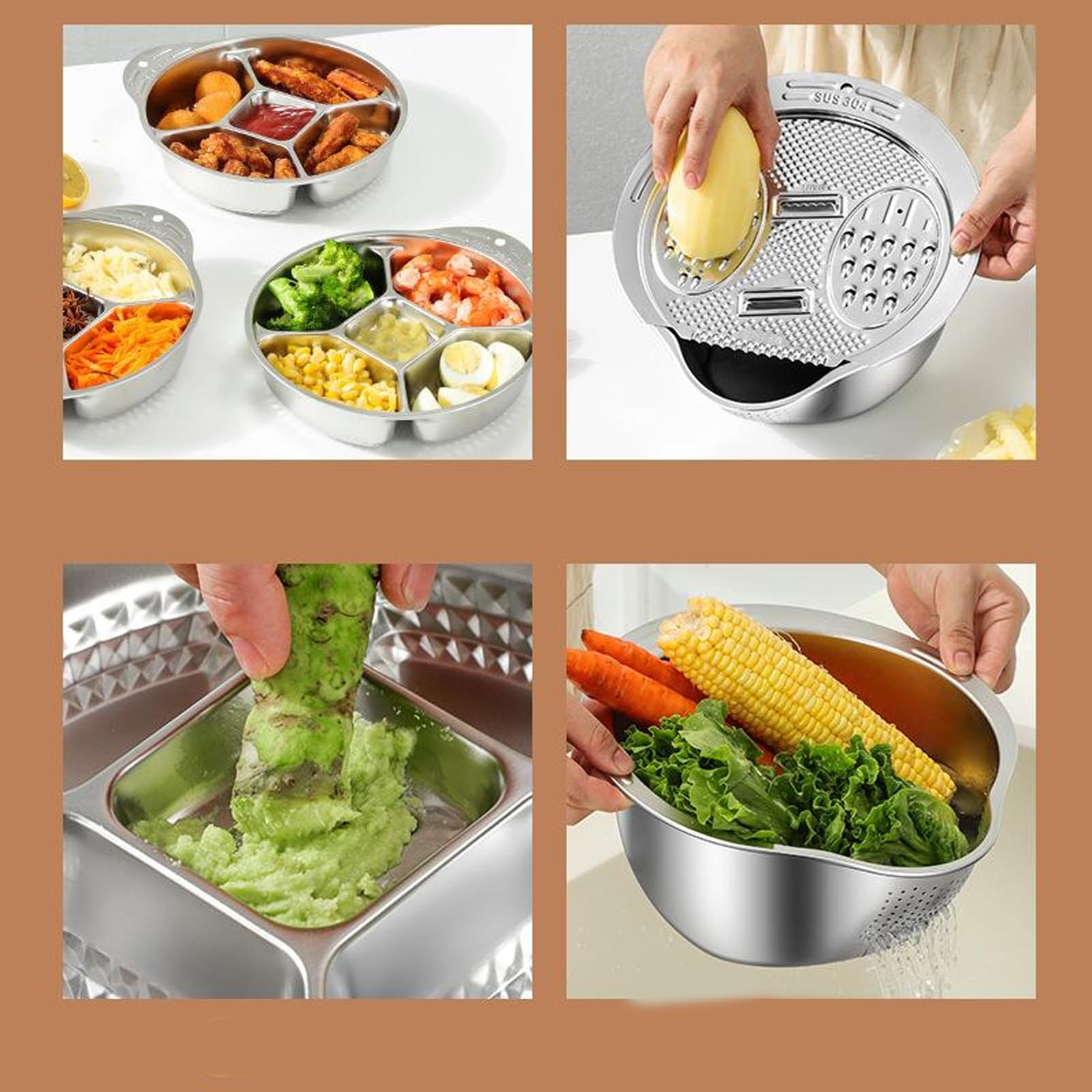 Küchensieb-Set aus rostfreiem Stahl, Reis-Waschschüssel, Reissieb, Obst- und Gemüsesieb, Küchenwerkzeug, rostfreier Stahl, abgestufte Töpfe, Salatschüssel