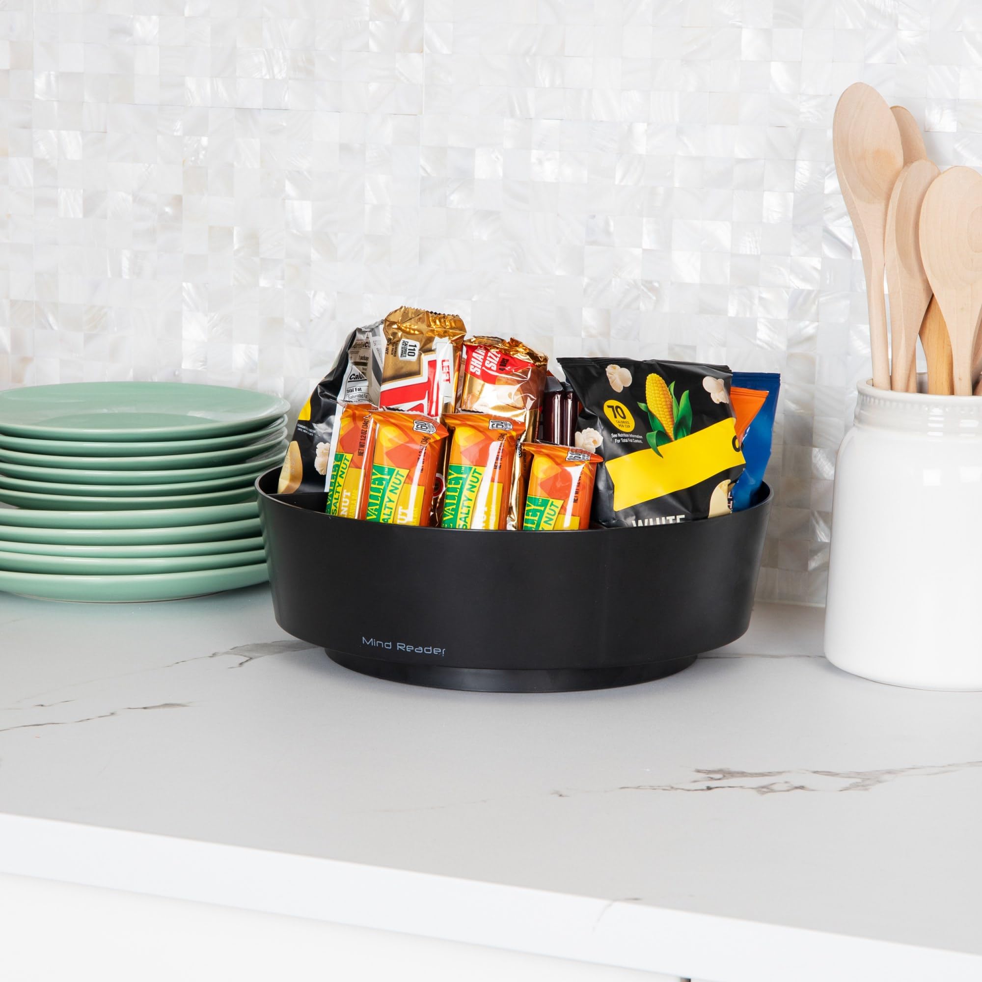 Mind Reader Snack Carousel, Countertop Organizer, Snack Tray, Condiment Holder, Breakroom, Kitchen, 12" L x 12" W x 4" H, Black (Pack of 10)