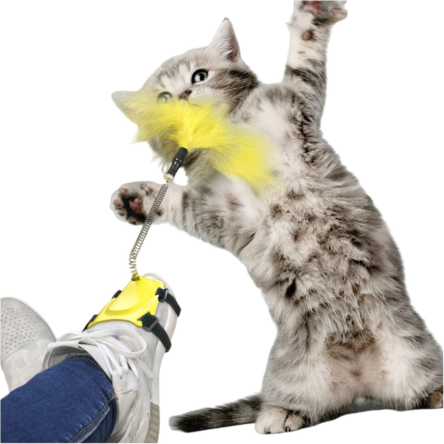 Cat Stick Feather Toy for Shoes-Interactive Funny Stick Cat Toy Cat Teasing Toy - Cat Spring Plaything Pet Stick Entertainment Toy (Yellow)