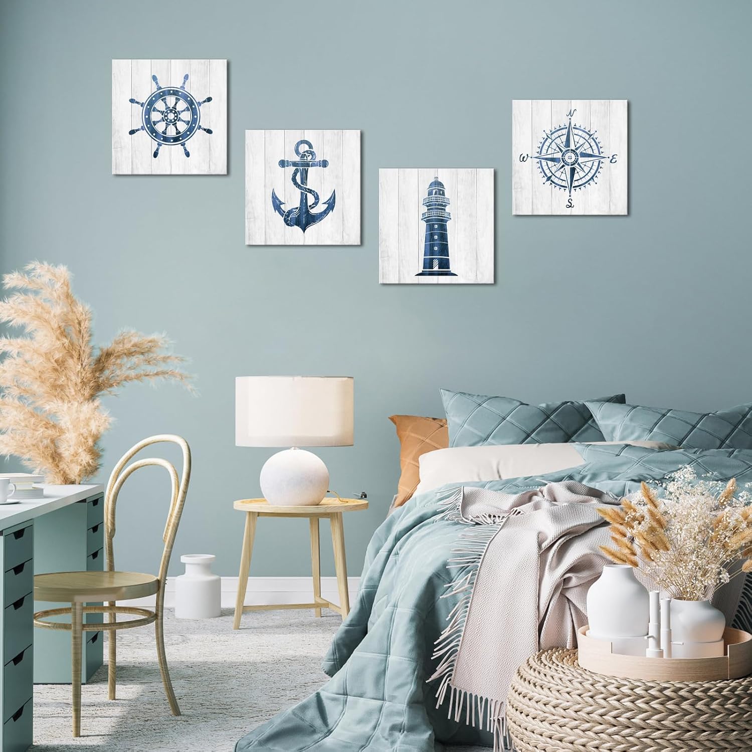 VANSEEING Nautical Wall Art Beach Themed Anchor Lighthouse Bathroom Decor Boat Helm Painting Pictures Print on Canvas Blue Grey Artwork Ready to Hang for Bathroom Living Room 12x12 Inchx4 Panels