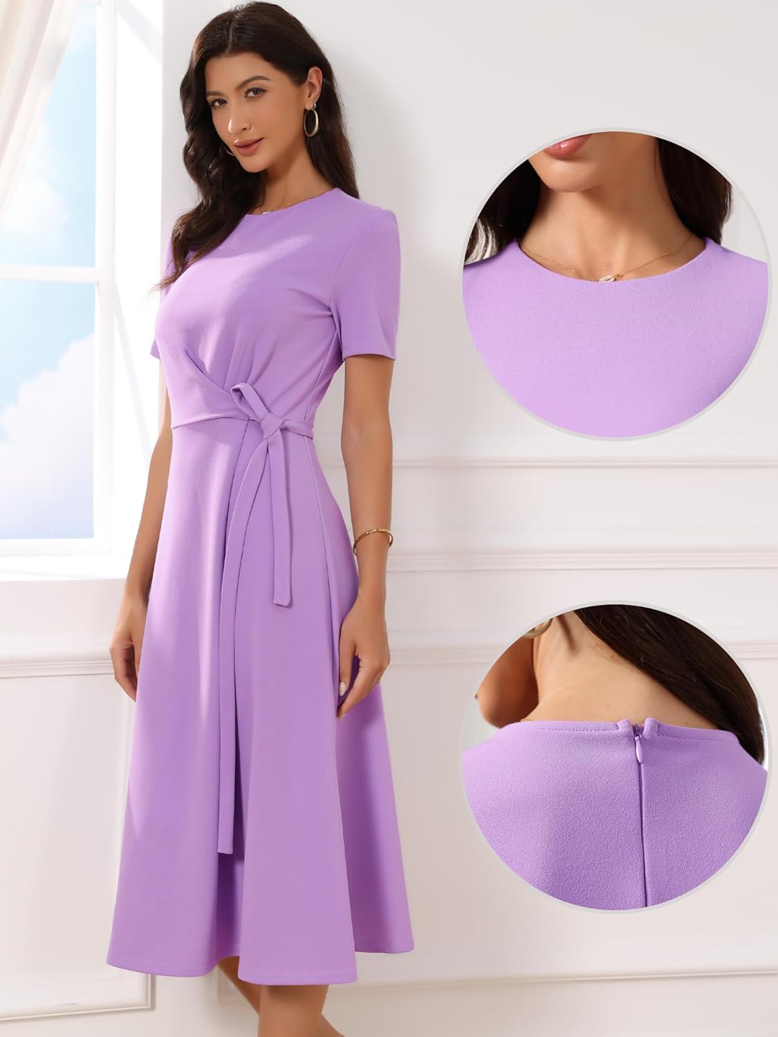 Allegra K Summer Dress for Women Short Sleeve Crew Neck Tie Waist A Line Elegant Work Party Midi Dress - Image 4