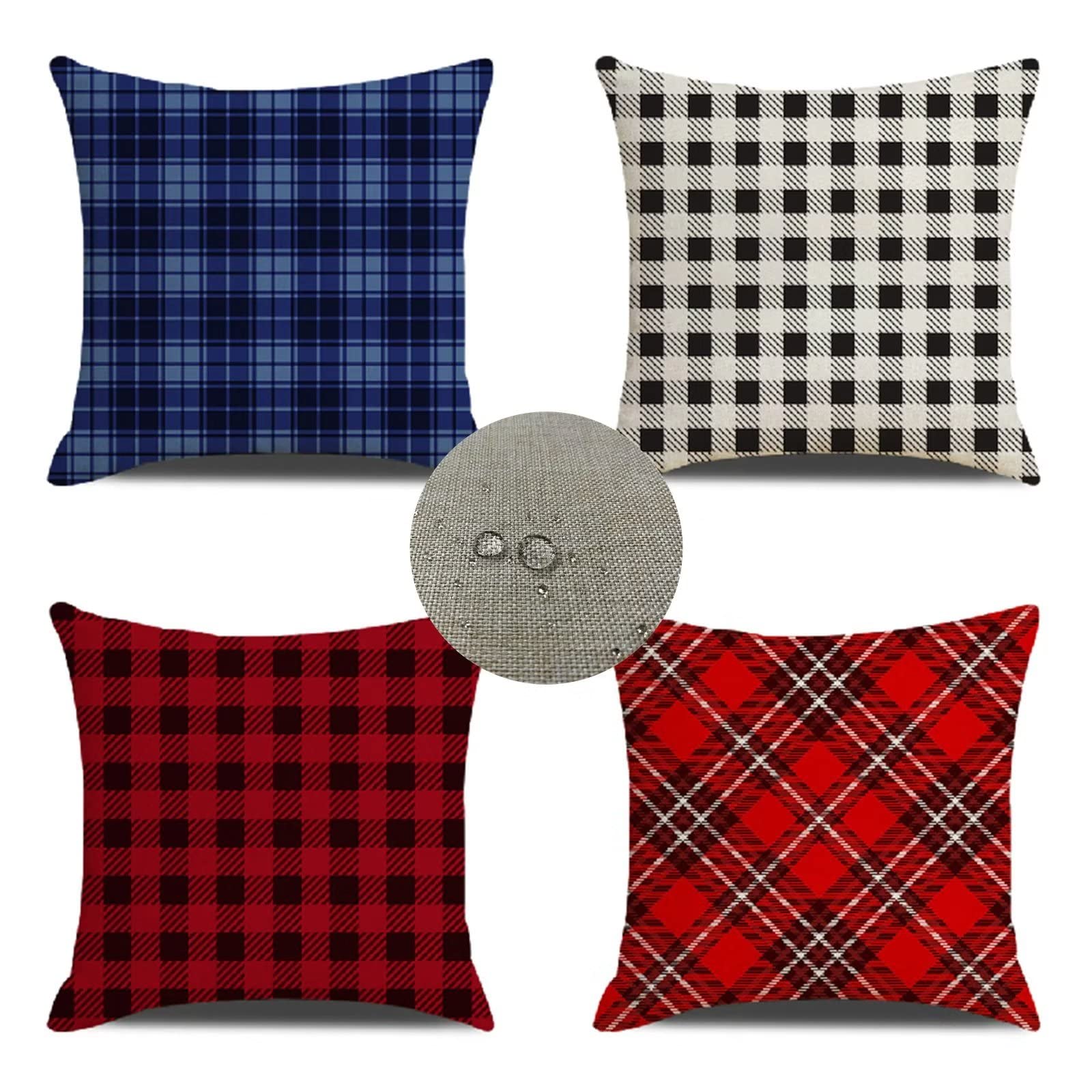 Federe Cuscini Divano 55x55 Set di 4 Cuscini per Divano impermeabile Lino Esterno Cuscini Decorativi Tartan Motivo Cuscini Divano Soggiorno da Letto Estate giardino Copricuscino (Rosso Blu) JW-9031