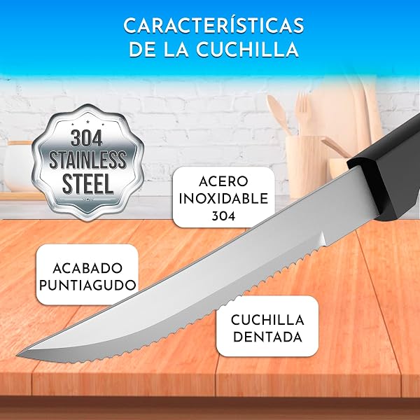 Didarenba Cuchillos carne mesa de acero inoxidable 12 uds – Siempre afilados con filo sierra – Corte sin esfuerzo para bistec y chuletón – Ideales para familias y restaurantes – Aptos lavavajillas - 3