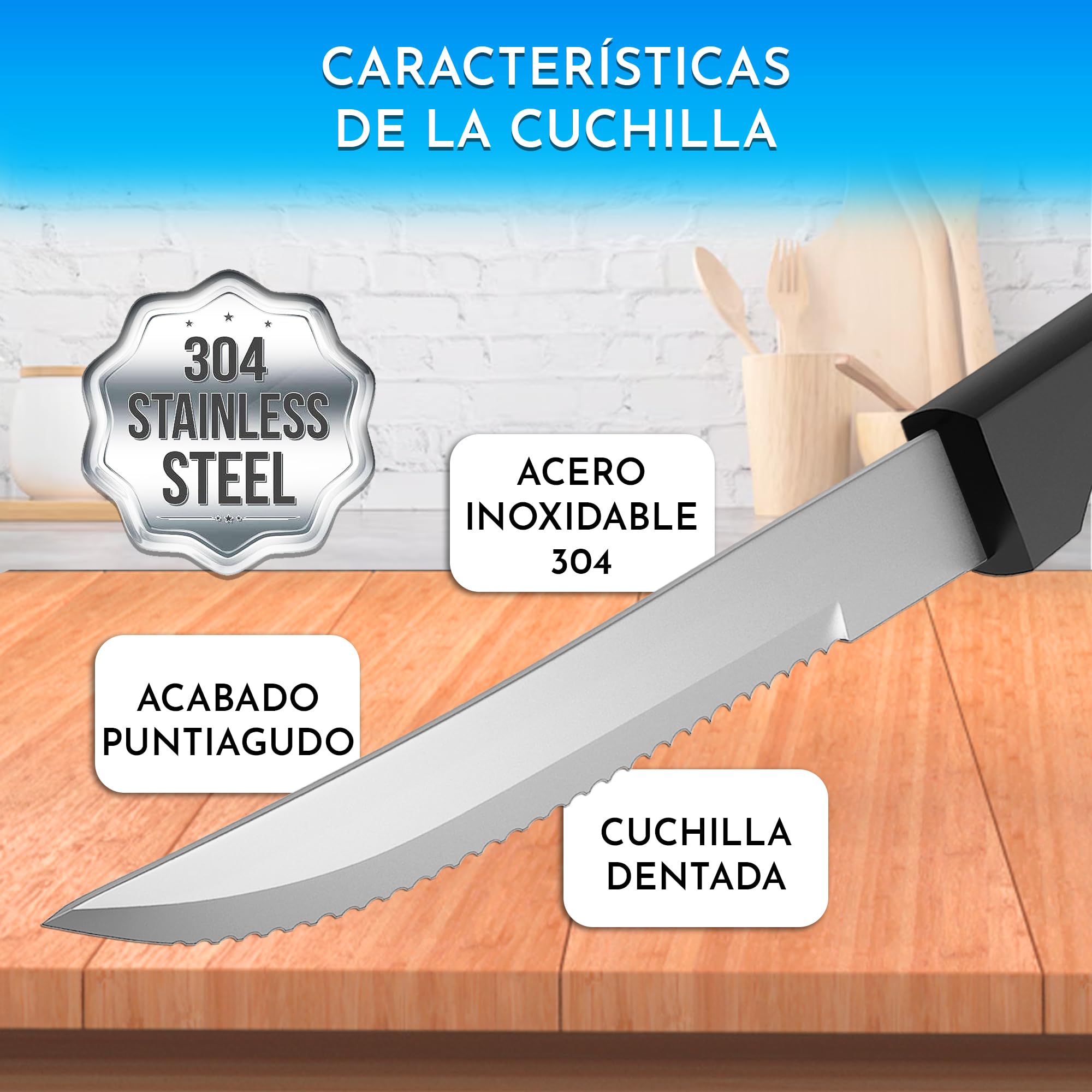 Cuchillos carne mesa de acero inoxidable 24 uds – Siempre afilados con filo sierra – Corte sin esfuerzo para bistec y chuletón – Ideales para familias y restaurantes – Aptos lavavajillas