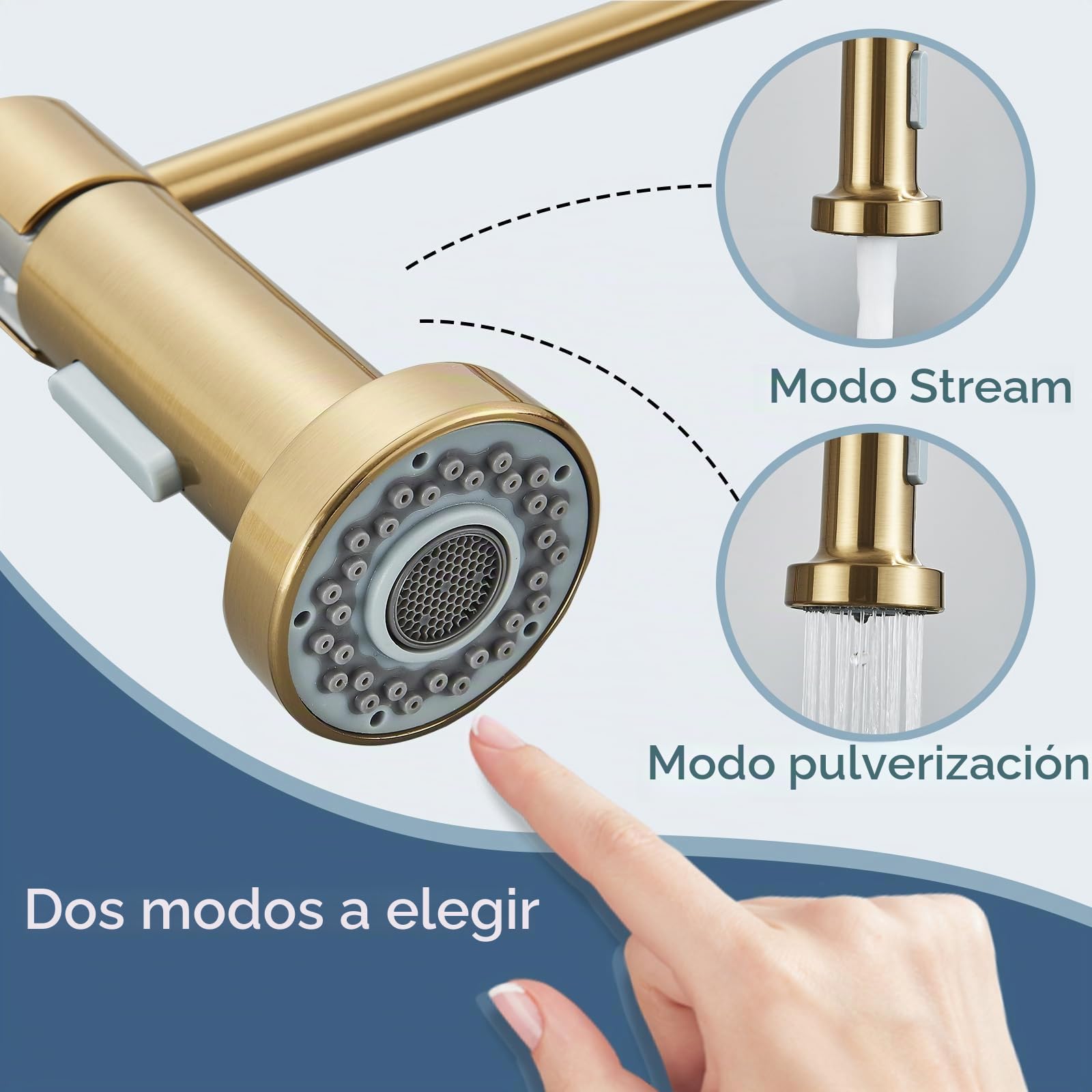 JUNSHENG Mezclador de cocina con alcachofa extraíble, mezclador de cocina giratorio 360°, monomando, acero inoxidable, dorado cepillado