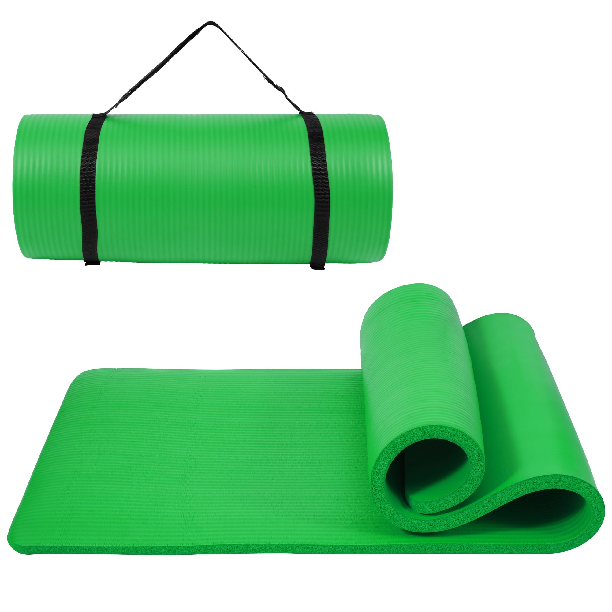 Peekabu 1 Inch Yoga Mat Thick Exercise Workout Mat with Extra Carry Strap Non-slip Fitness Mat Gym Pilates Mat for Stretching & Floor Home Workout Outdoor Training, Green