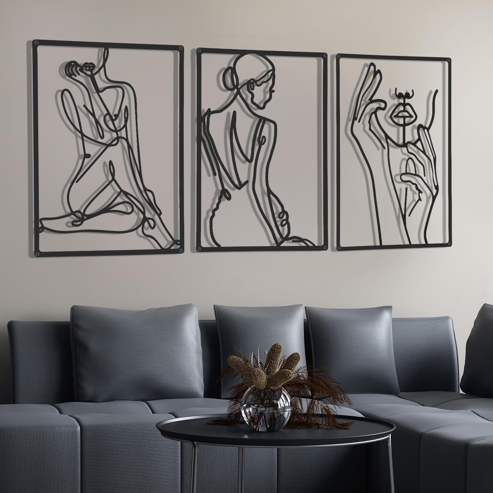 Cindeer 3 Pieces Metal Wall Art Decor 18 Inch Minimalist Modern Abstract Line Home Decor Woman's Body Shape Single Line Wall Art for Kitchen Bedroom Living Room