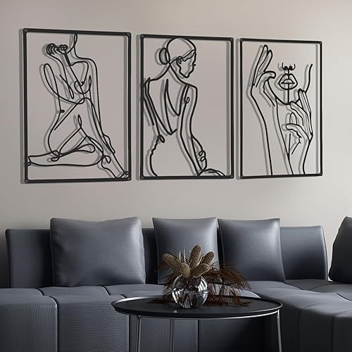 3 piezas de arte de pared de metal de 18 pulgadas, minimalista, moderno, línea abstracta, decoración del hogar, arte de pared de una sola línea,