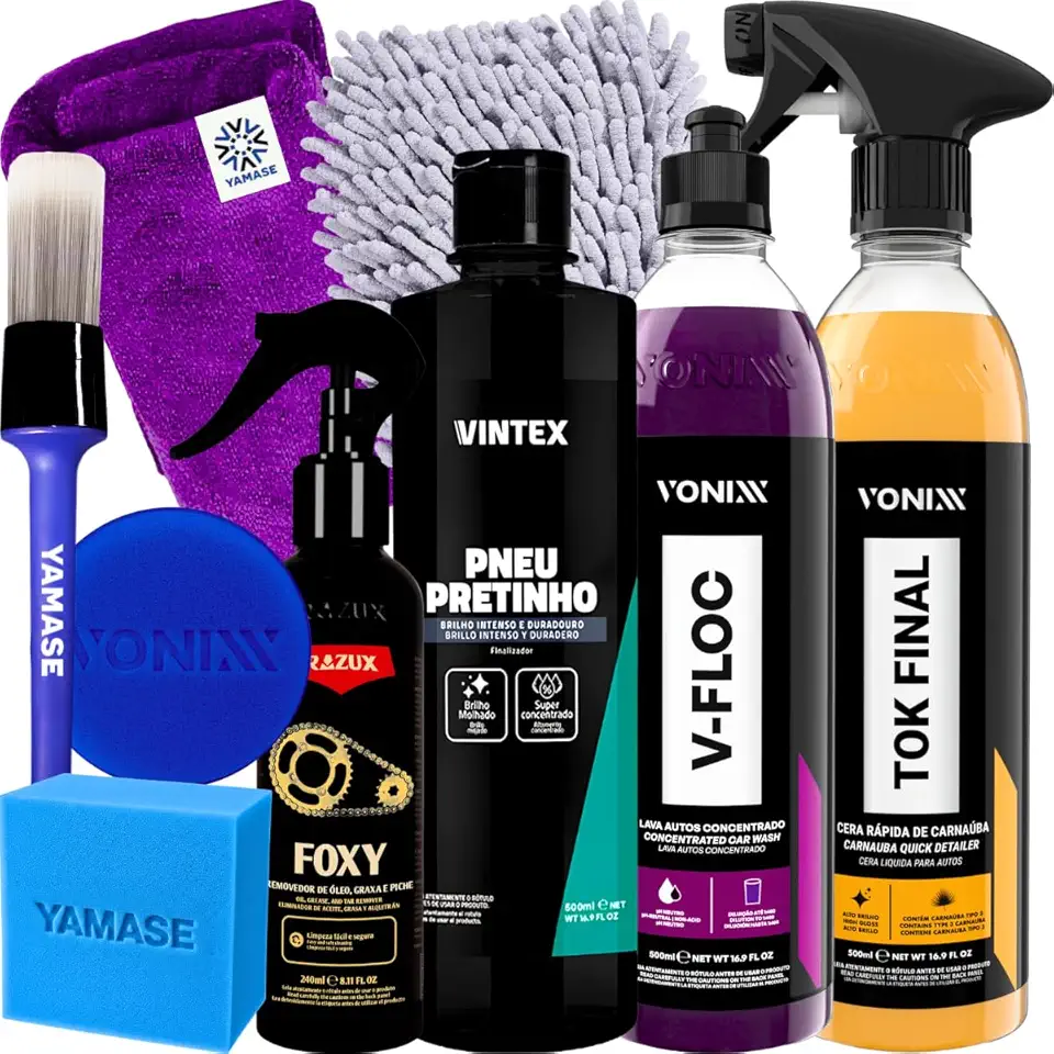 Kit Produto para Lavar Moto Cera Shampoo Desengraxante Pretinho Limpador de Corrente Vonixx