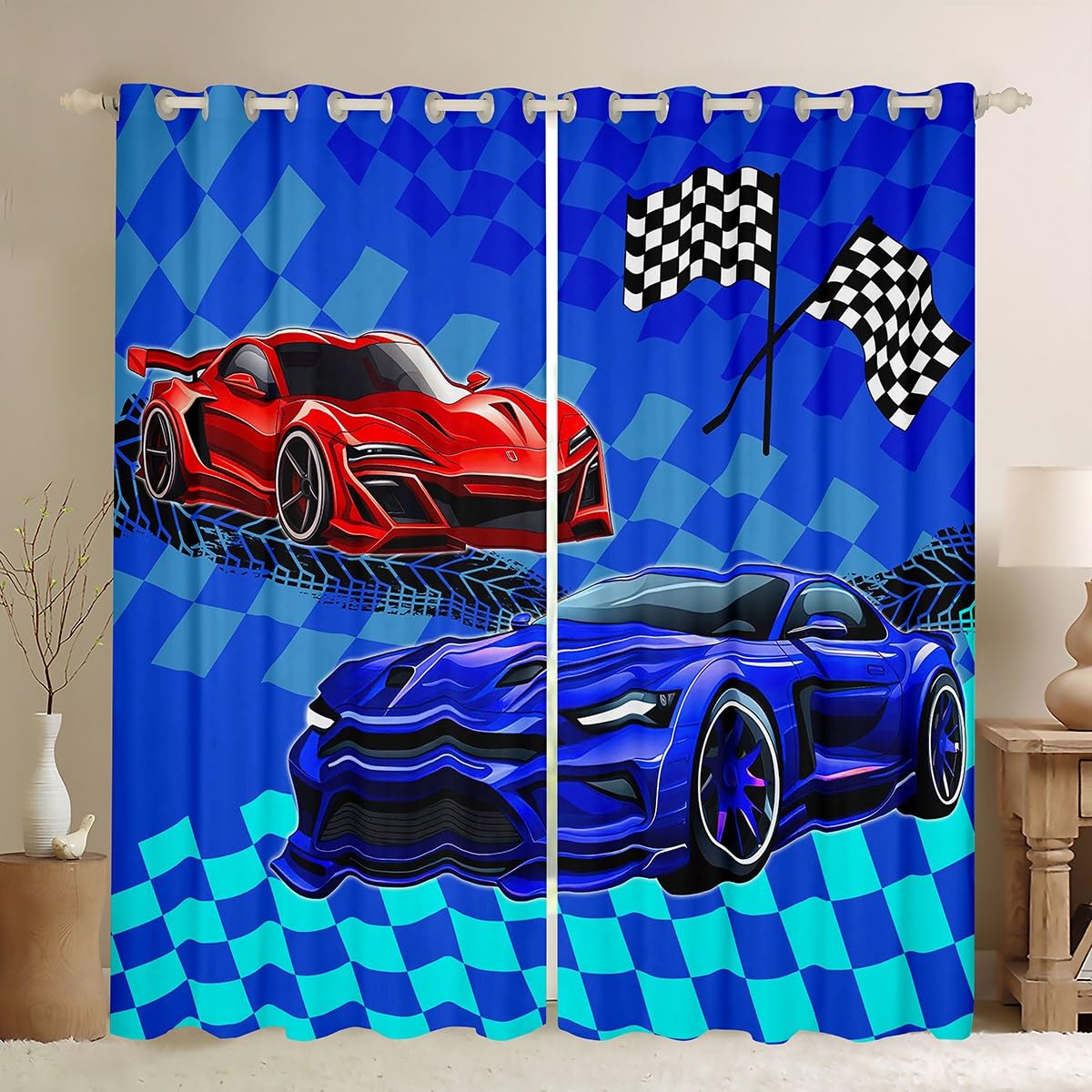 Sport Auto Kinder Fenster Vorhänge, Red Navy Racing Auto Speed Race Fenster Behandlungen, Blau Karierte Kunst Fenster Vorhänge für Home Decor, 2 Panels, L Größe,Guter Schattierungseffekt