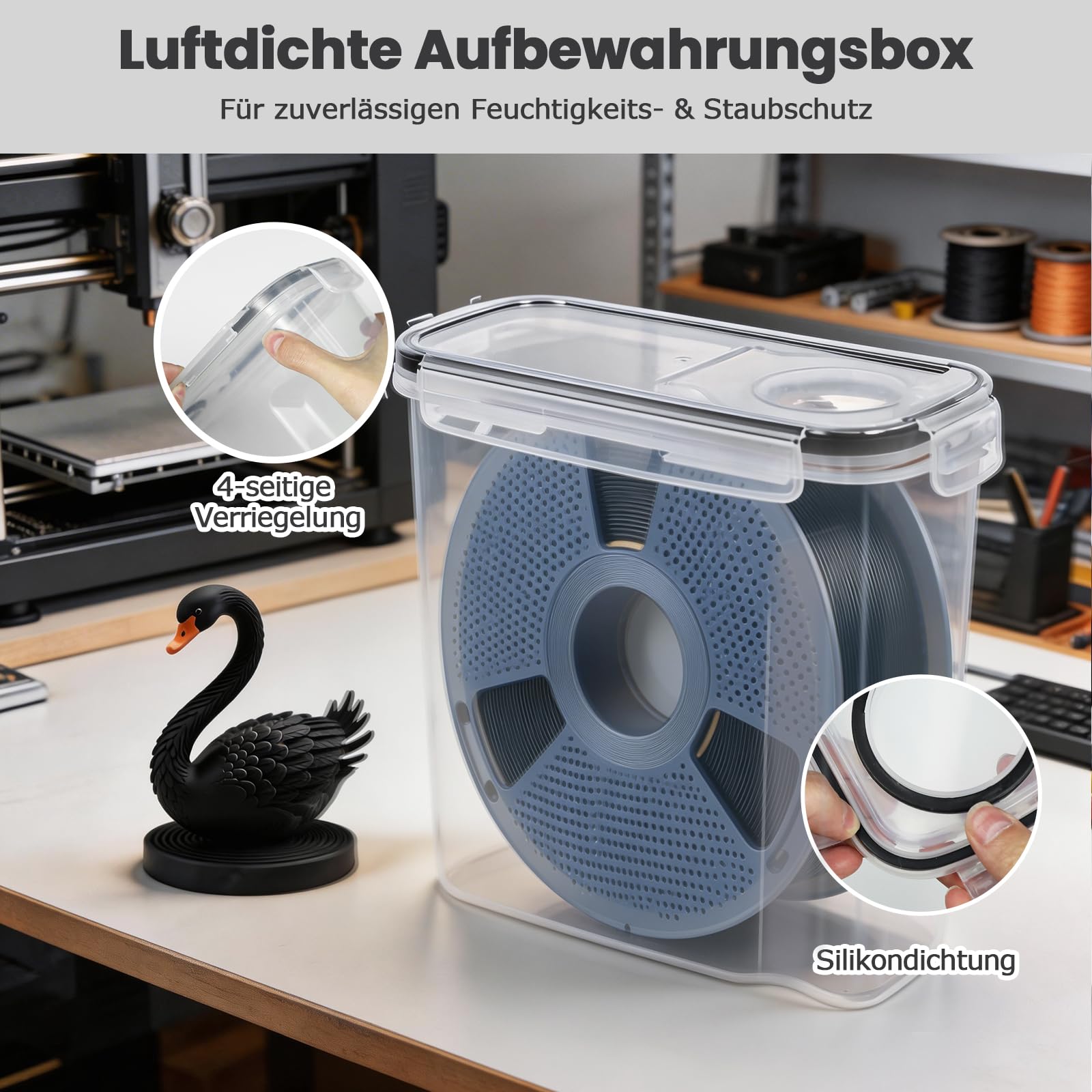 Filament Aufbewahrungsbox, 6 Stück Filament Box für 3D-Druck-Filament Versiegelung und Schutz, Wasser- und Staubdichte Filamentaufbewahrung mit Trockenmittel & Etiketten 4,0L