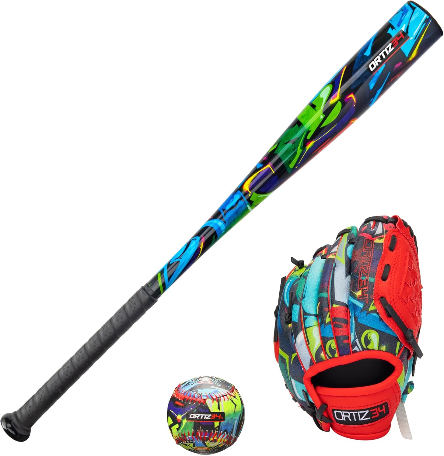 Youth T-Ball Set, 25” Signature Aluminum T-Ball Bat with -10 Drop, Foam Core T-Ball, 9” Lightweight Youth Glove, Vibrant Graffiti Print Red/Blue