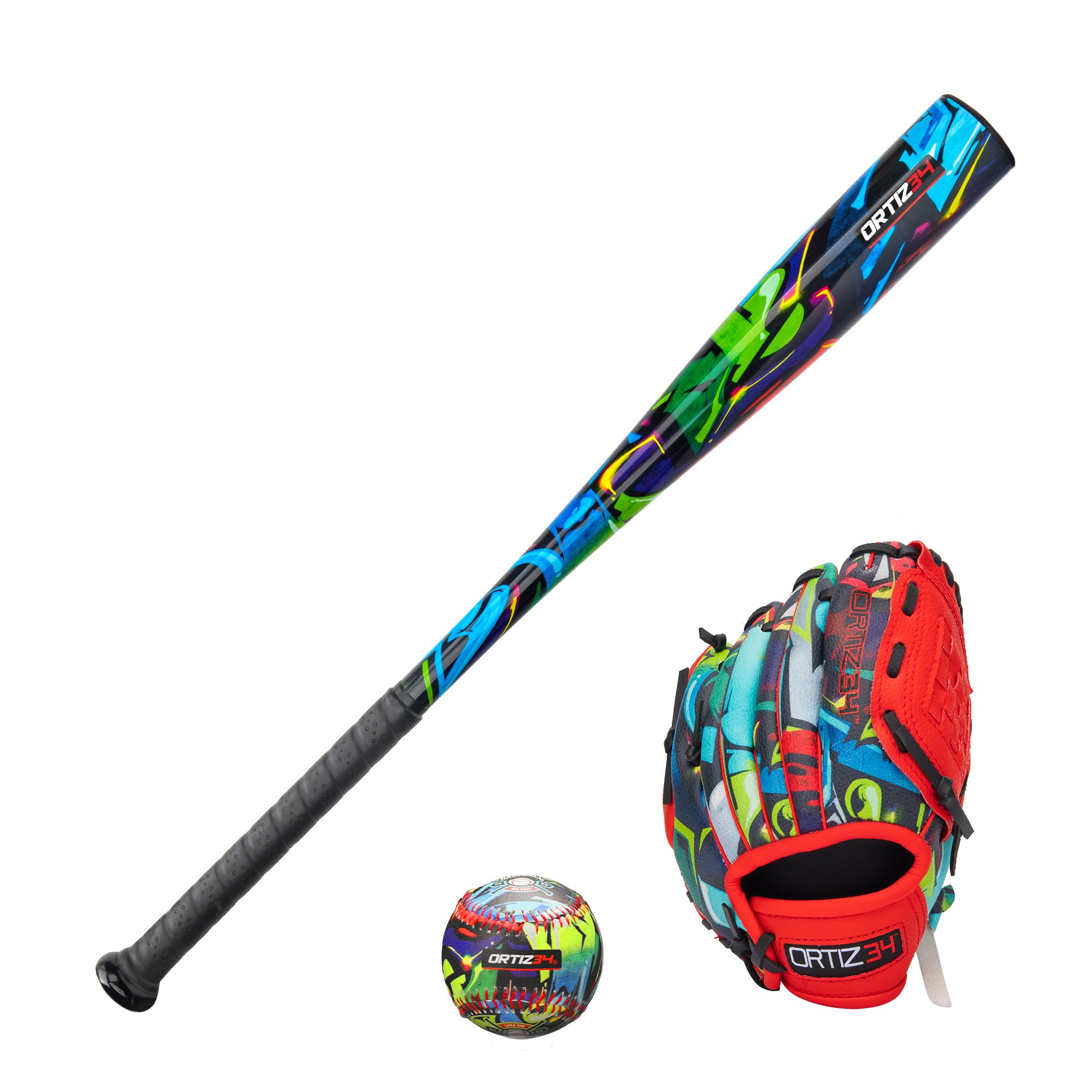Ortiz34 Youth T-Ball Set, 25” Signature Aluminum T-Ball Bat with -10 Drop, Foam Core T-Ball, 9” Lightweight Youth Glove, Vibrant Graffiti Print