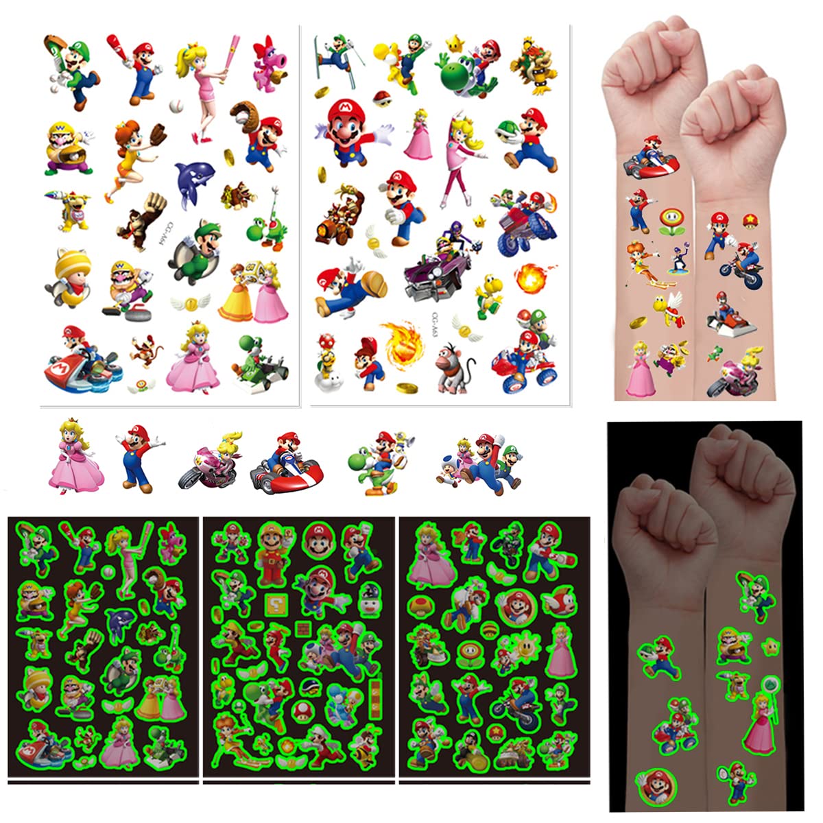120PCS Mario Birthday Party Supplies Favors for Kids Glow In The Dark Removable Skin Safe, Fake Tattoo Stickers for Goody Bag Treat Bag Stuff for Mario Birthday Party Gifts