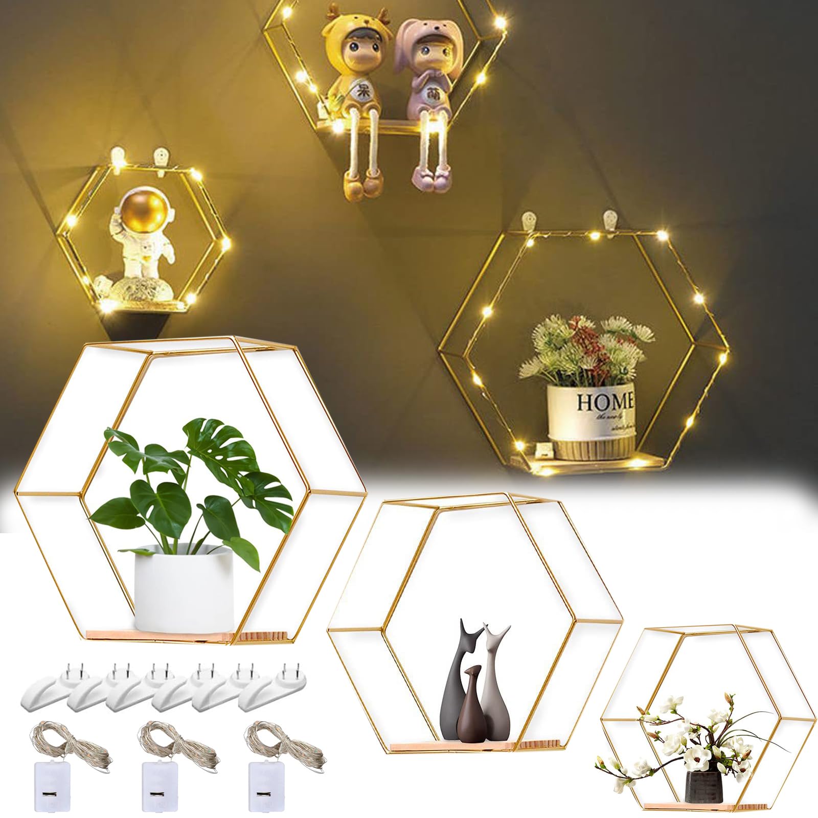 Étagères murales hexagonales dorées lot de 3 avec guirlande lumineuse