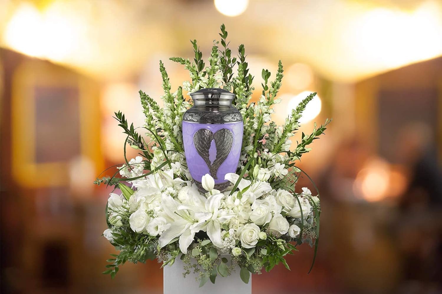 Lilac Loving Angel Cremation Urn for Adult Ashes with Matching Funeral Guest Book