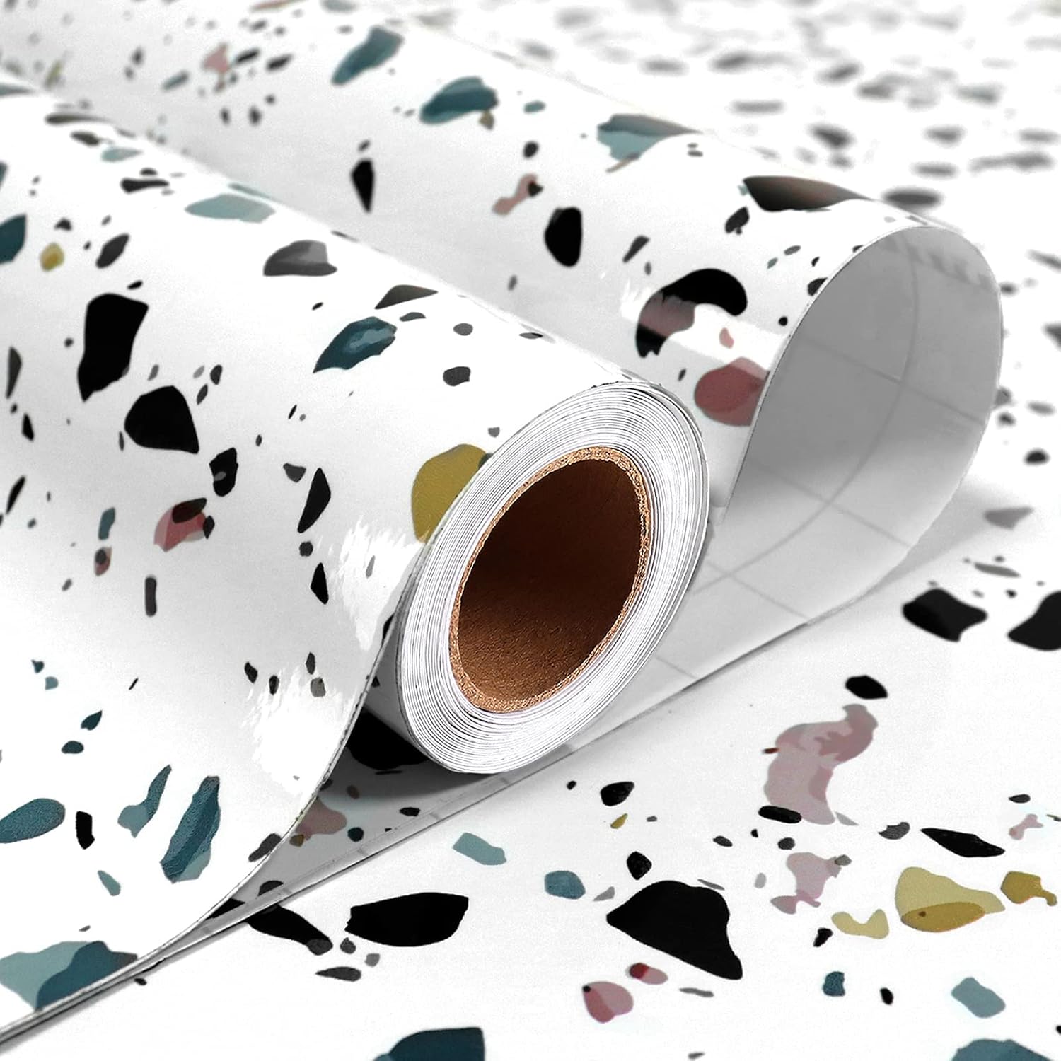 Stickyart 60CMx4M Glossy White Terrazzo Contact Paper Self Adhesive