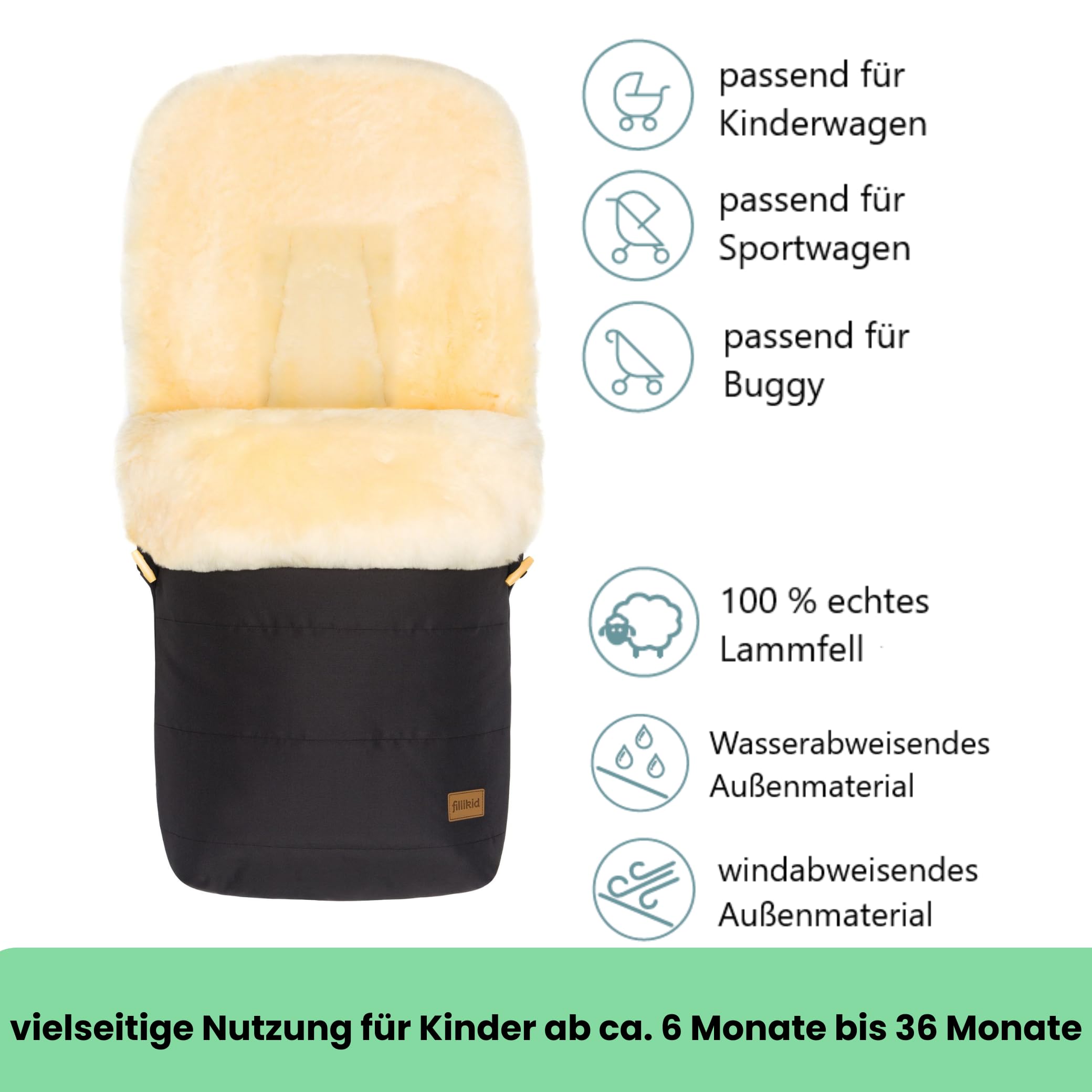 Fillikid Lammfellfußsack Bernina Kinderwagen Buggy Winterfußsack wind- wasserabweisend echtes Lammfell herausnehmbar Baby