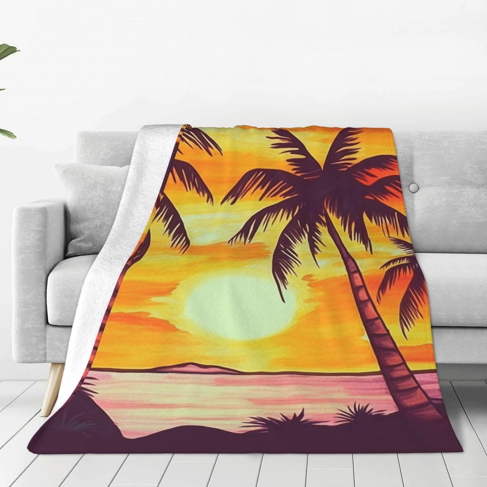 Sunset Palm Tree Throw Blanket for Couch, Plush Fuzzy Soft Flannel Blankets and Throws for Sofa, 40"x30" Bed Blankets for Travel Camping Chair, All Season Warm Fleece Blanket