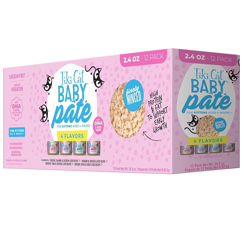 Tiki Cat Baby Patê Úmido para Gatinhos, Sabores Variados, Latas de 68 g – Pacote com 12
