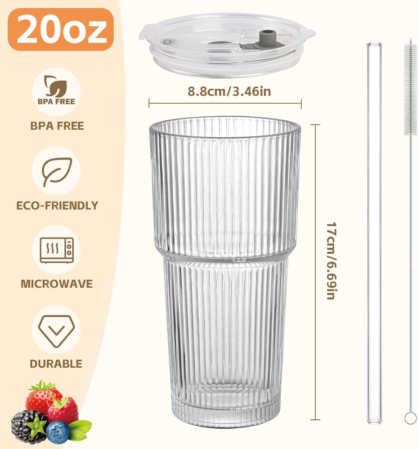 20oz Ribbed Glass Cups with Lids and Straws,1PCS Glass Tumbler with Straw and Lid,Iced Coffee Cups Drinking Glasses for Juice Whiskey Cocktail Beer - Image 2