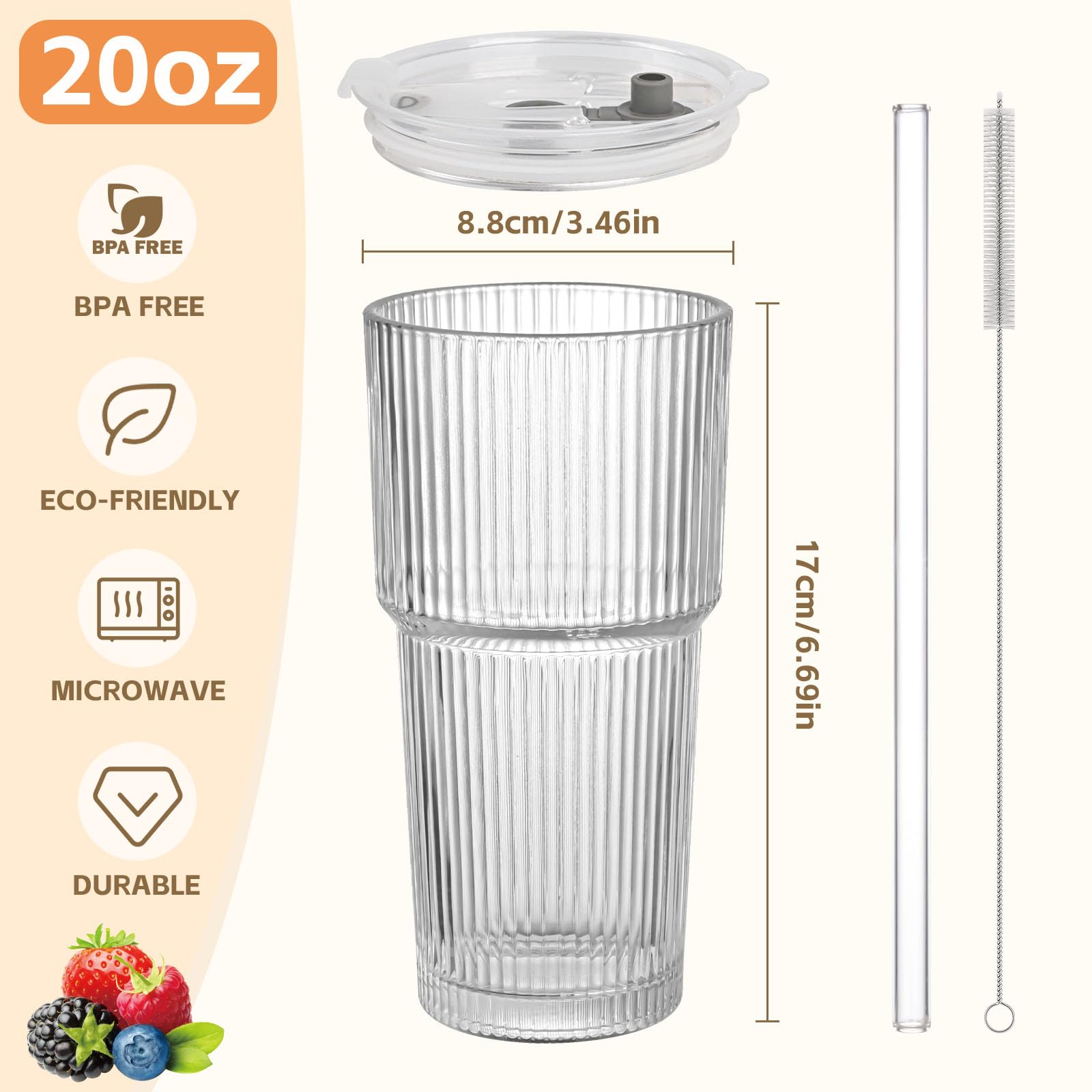 AUFXKOO 0oz Ribbed Glass Cups with Lids and Straws,2PCS Glass Tumbler with Straw and Lid,Drinking Glasses for Iced Coffee Cups,Juice,Smoothies