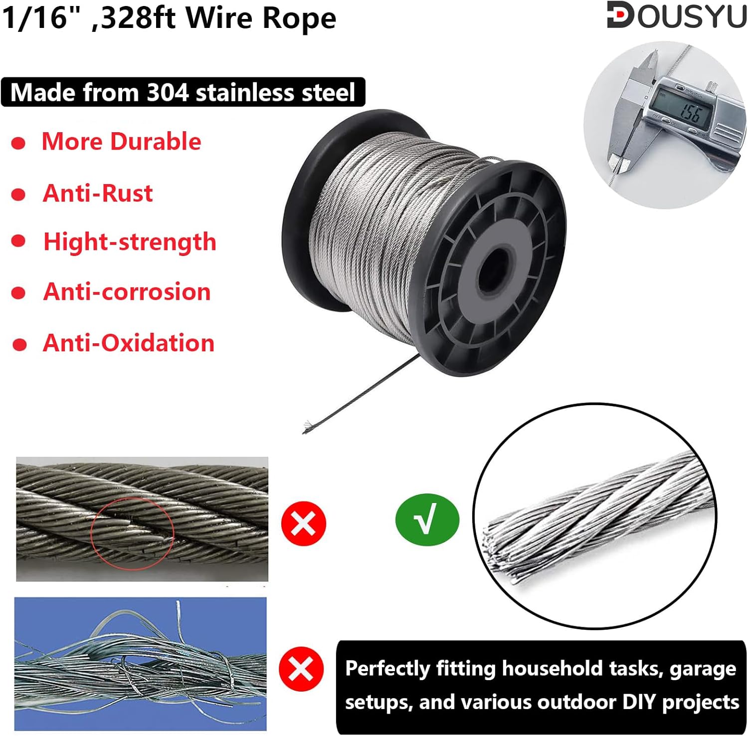 328ft Wire Rope Crimping Tool Kit, 1/16 Stainless Steel Wire Rope Cable with 100Pcs Aluminum Crimping Sleeves,50Pcs Stainless Steel Thimbles and 6Pcs Turnbuckle,Wire Crimps,Wire Rope Kit