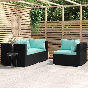 Modular Sectional Garden Lounge Set with Black Synthetic Poly Rattan and Aqua Cushions for Outdoor Patio Balcony Comfort UV Resistant Durable