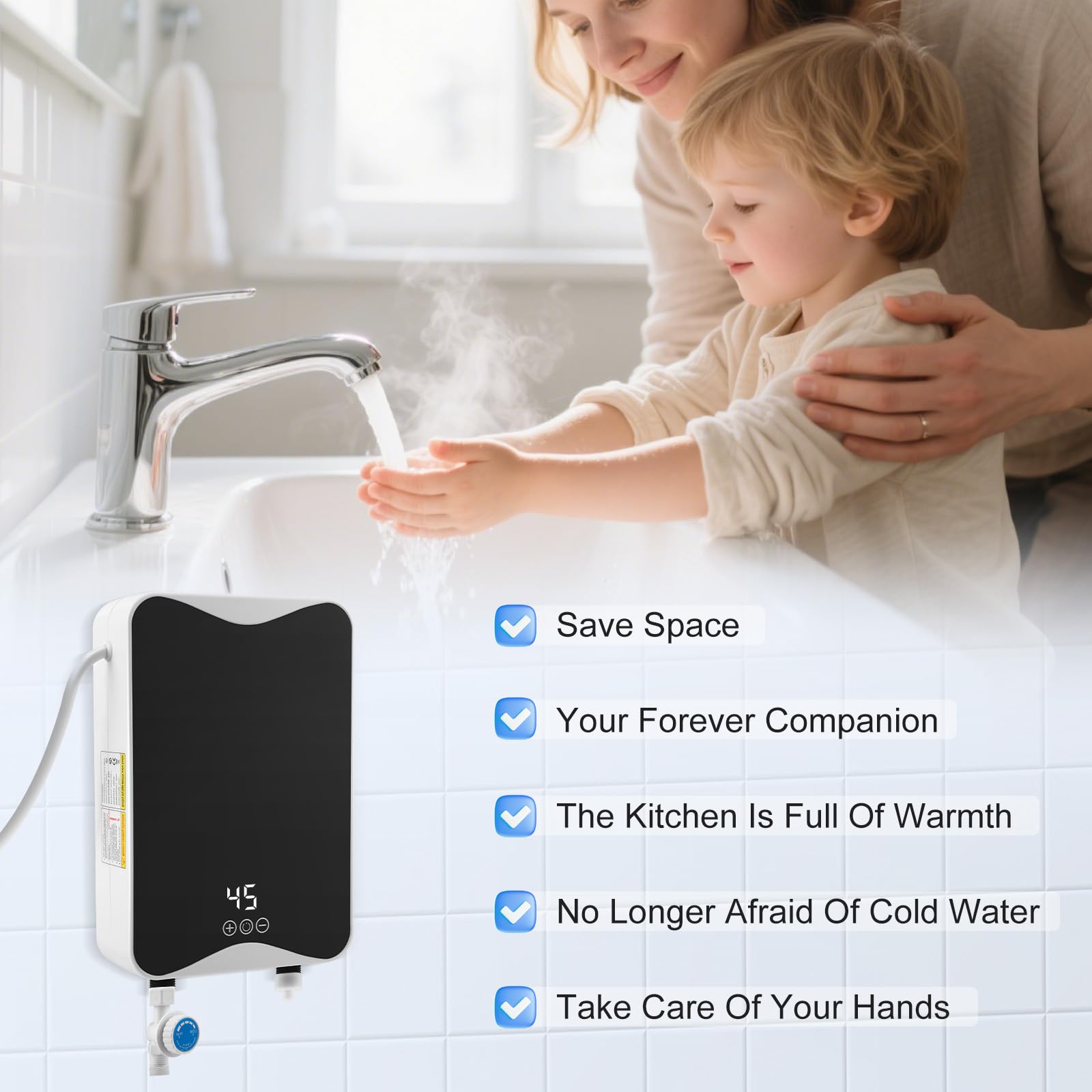 Elektrischer Durchlauferhitzer, 5500 W 230 V Warmwasserbereiter mit LED-Temperaturanzeige, 30–55 °C Mini Instant Elektro Wassererhitzer, IPX4 Wasserdichter für Dusche, Badezimmer, Küche