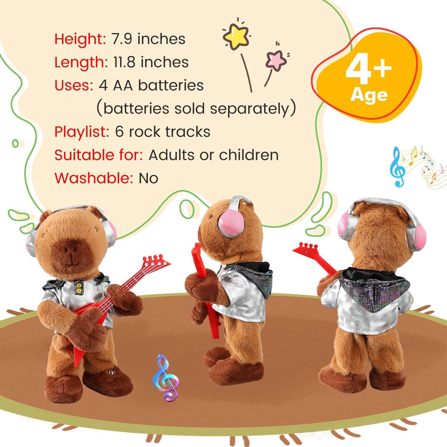 Marsjoy Rocking Dancing Capybara Plush Toy, Singing Music Twisting Body Plush Stuffed Animals, Rocking Punk Crazy Cool Guitar Capybara, Perfect Christmas Birthday New Year for Kids