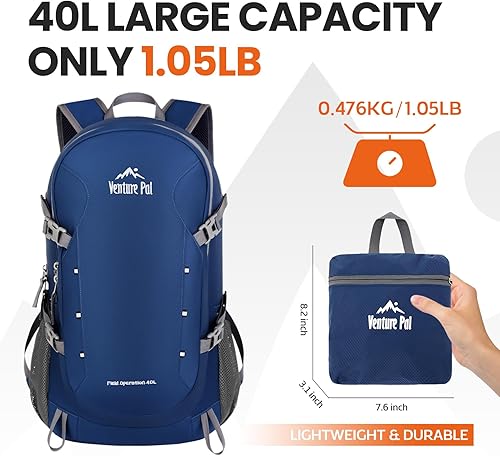 Miniatura 26 de Venture Pal - Mochila de 40 L, ligera y plegable, para senderismo y viajes A5-negro