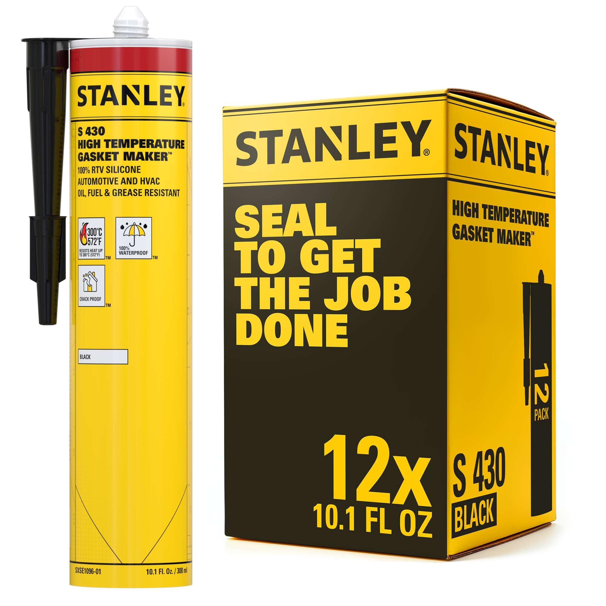 Stanley High-Temp RTV Silicone Gasket Maker - 12x10.1 Fl.oz Black, Oil, Vibration and Heat Resistant Black Silicone Sealant for Automotive Valve