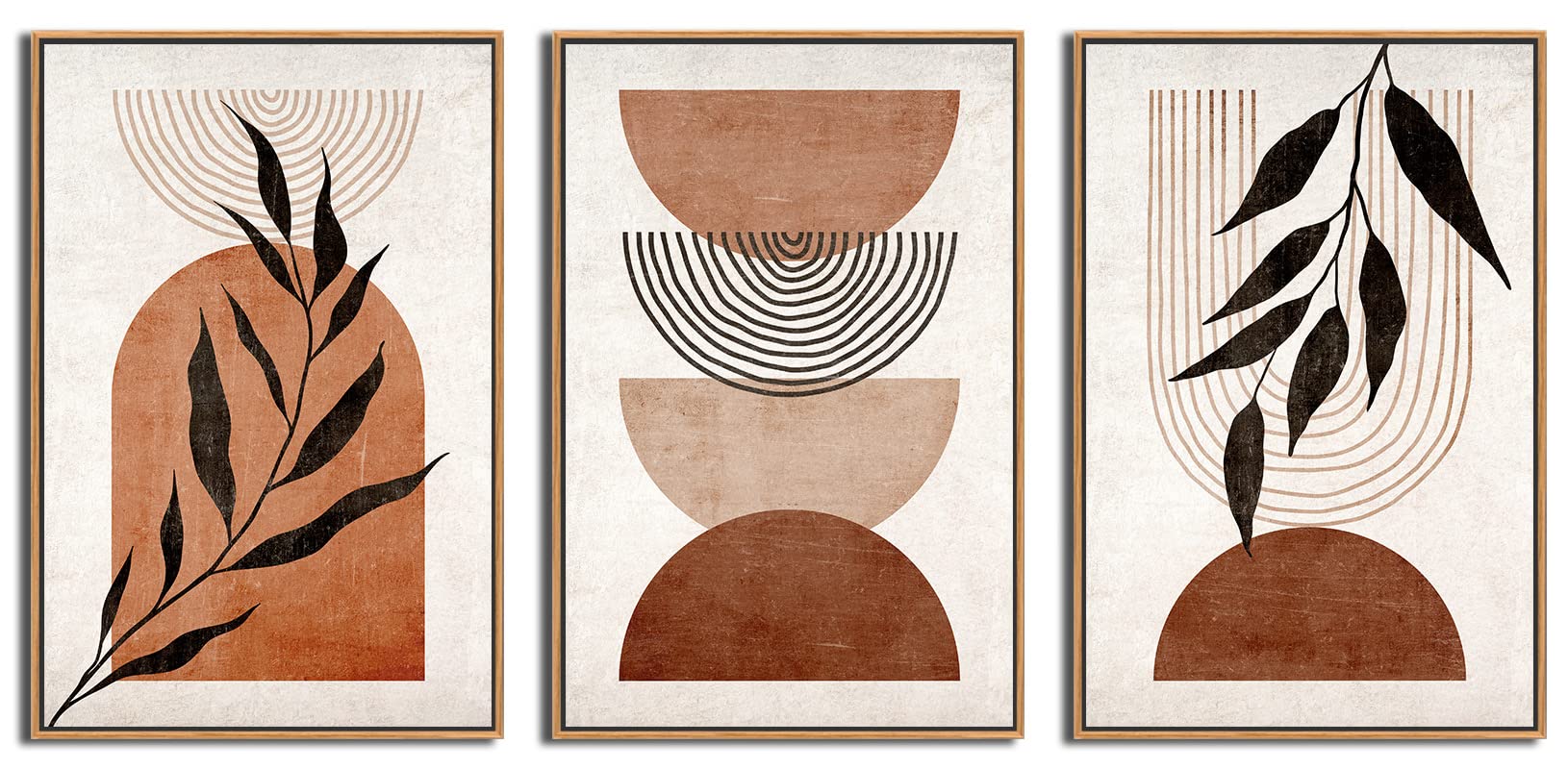 Framed Boho Wall Art Minimalist Botanical Canvas Picture, Retro Mid Century Bohemian Neutral Abstract Canvas Artwork Prints Living Room Bedroom Bathroom Home Office Decor 16" X 24" Set of 3