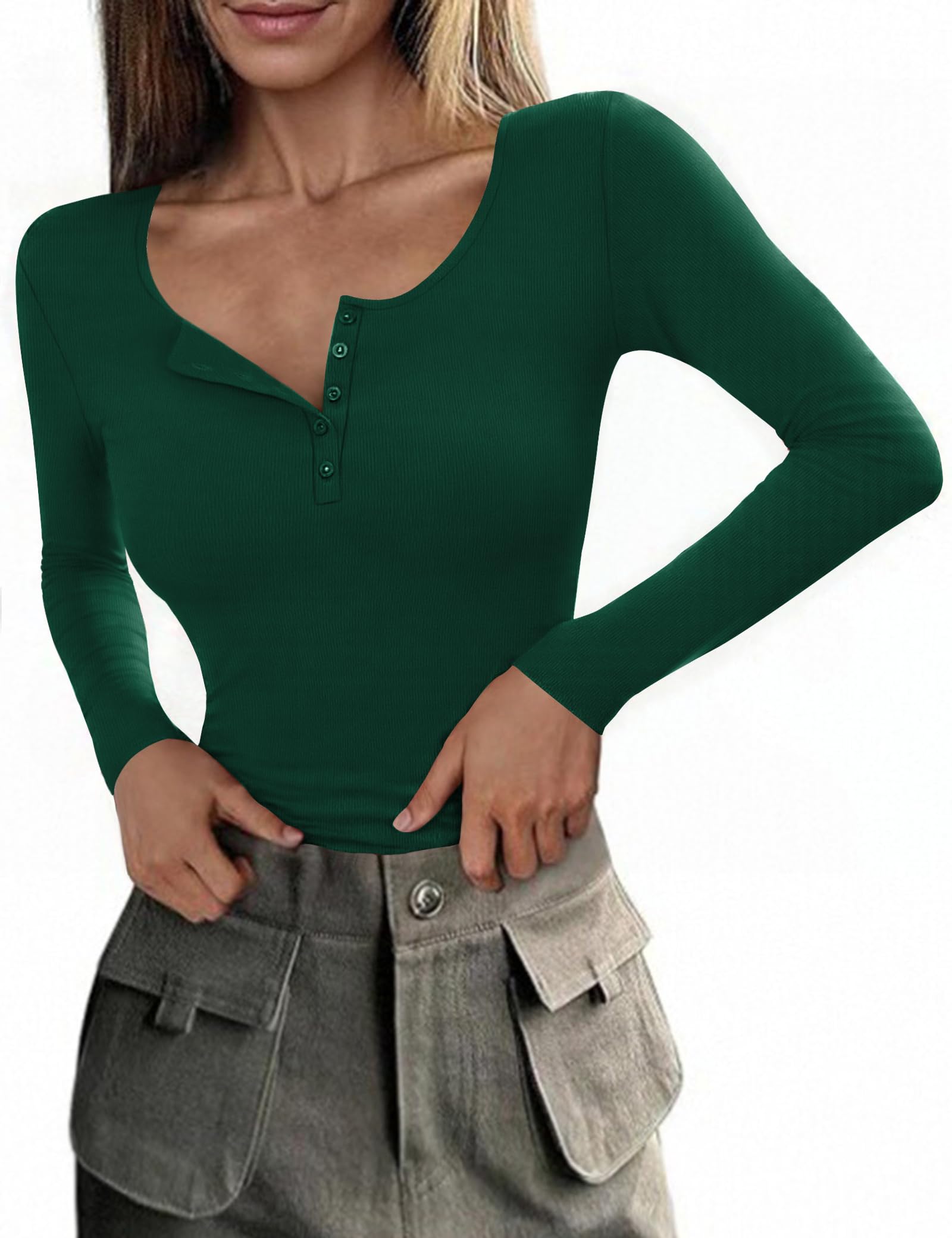 Totatuit Damen T Shirt Langarm Slim Fit Geripptes Oberteile O Ausschnitt Baumwolle Stretch Top Casual Elegant Langarmshirt Grün M