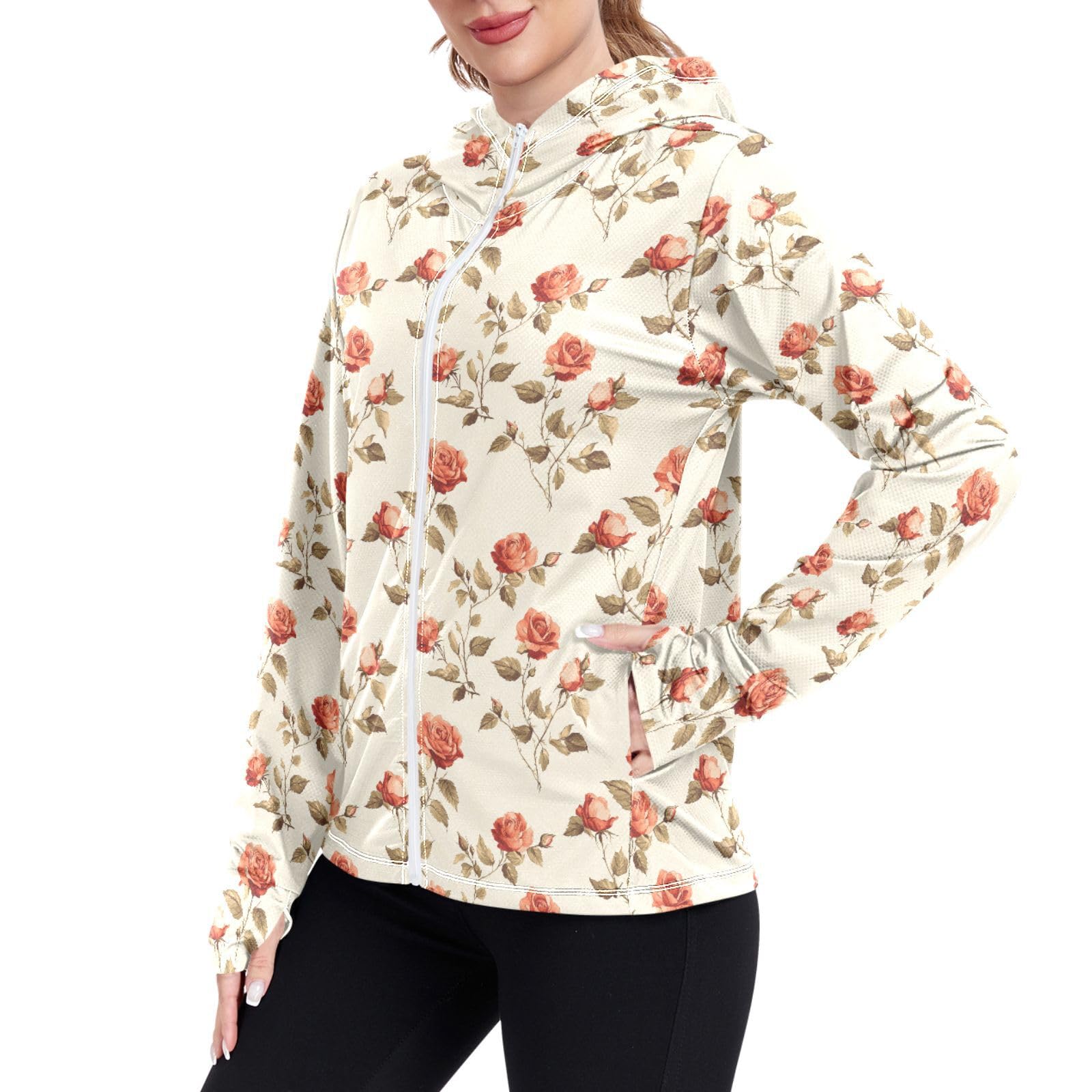 Womens Sun Protection Hoodie Jacket Lightweight Long Sleeve Zip Up Jackets for Women Clothing for Hiking Golf Cycling XXL Vintage Roses