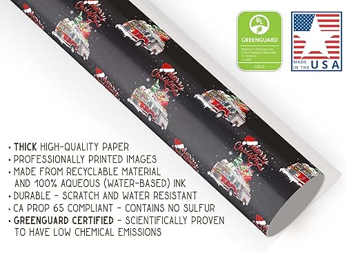 Miniatura 4 de Feliz Navidad camión de bomberos papel de regalo grueso de lujo, papel de regalo de vacaciones de extinción de incendios, bomberos para fiesta de