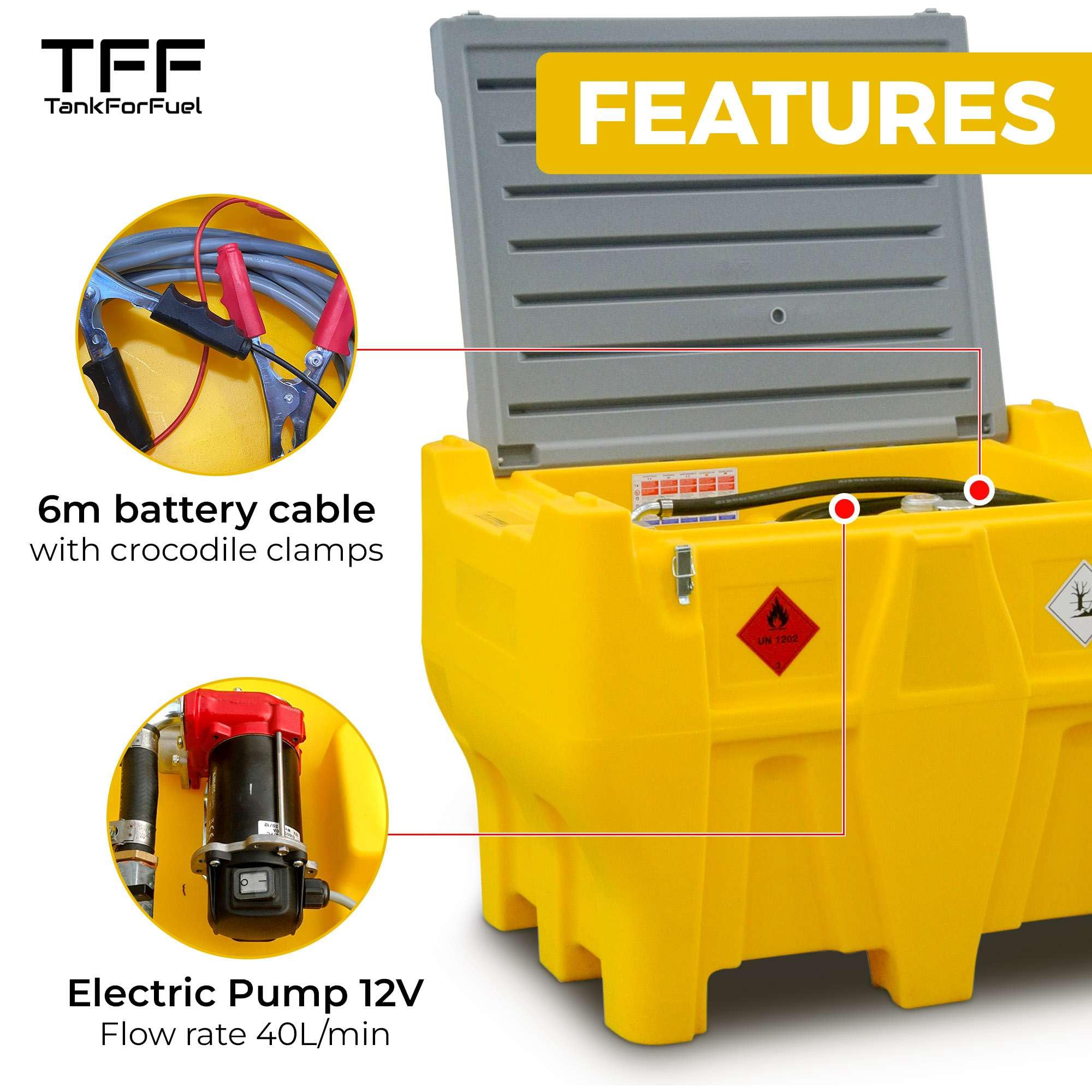 TFF Deposito Gasoil Portátil, 440 Litros con Bomba Gasoil 12V DC capacidad 40 l/min. Depósito Gasoil para PickUp con cable de alimentación, manguera flexible de 4 m y Pistola Gasoil Automatica