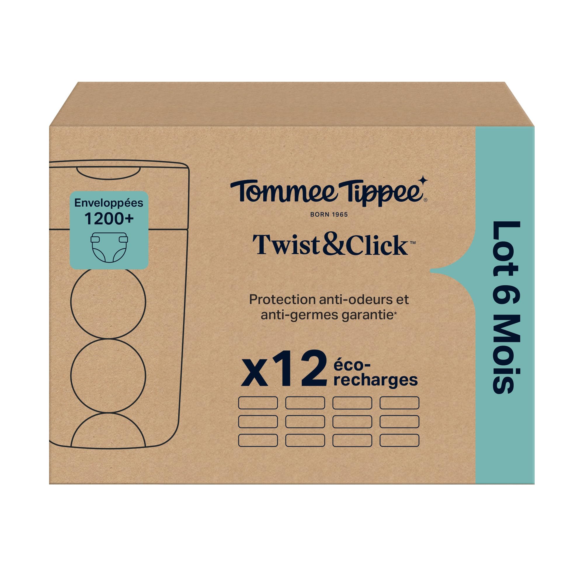 Tommee Tippee Film de Recharge Poubelle à couches Twist & Click, Lot de 12, 10,5m chacun, Antibactérien