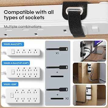 Cable Management Under Desk, Large Bundle Cord+Power Strip Organizer-8 Pair
