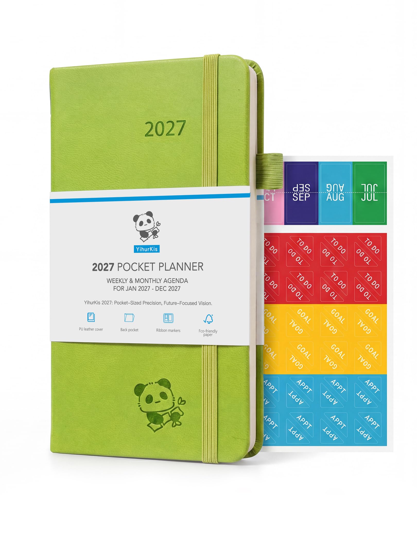 2027 Pocket Weekly Diary by YihurKis - Planner 2027 Purse Size 15.5x9cm), 2027 Small Planner Weekly and Monthly with Pen Holder, Leather Hard Cover - Green