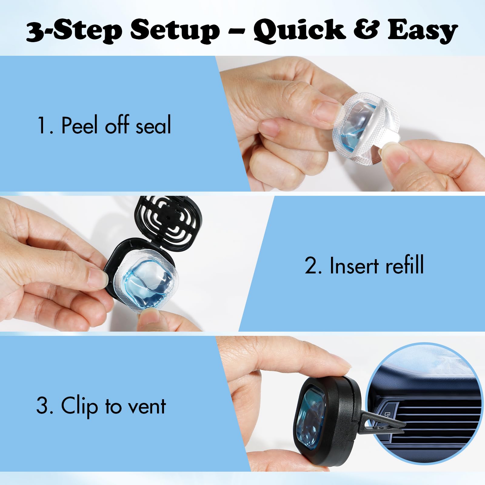 DERDUFT Car Air Freshener Vent Clip Kit – 3 Diffusers & 12 Refills, Long Lasting Car Fragrance for Daily Commute & Road Trips, Reusable Leakproof Vent Air Freshener, New Car, Lavender, Sea Breeze - 5