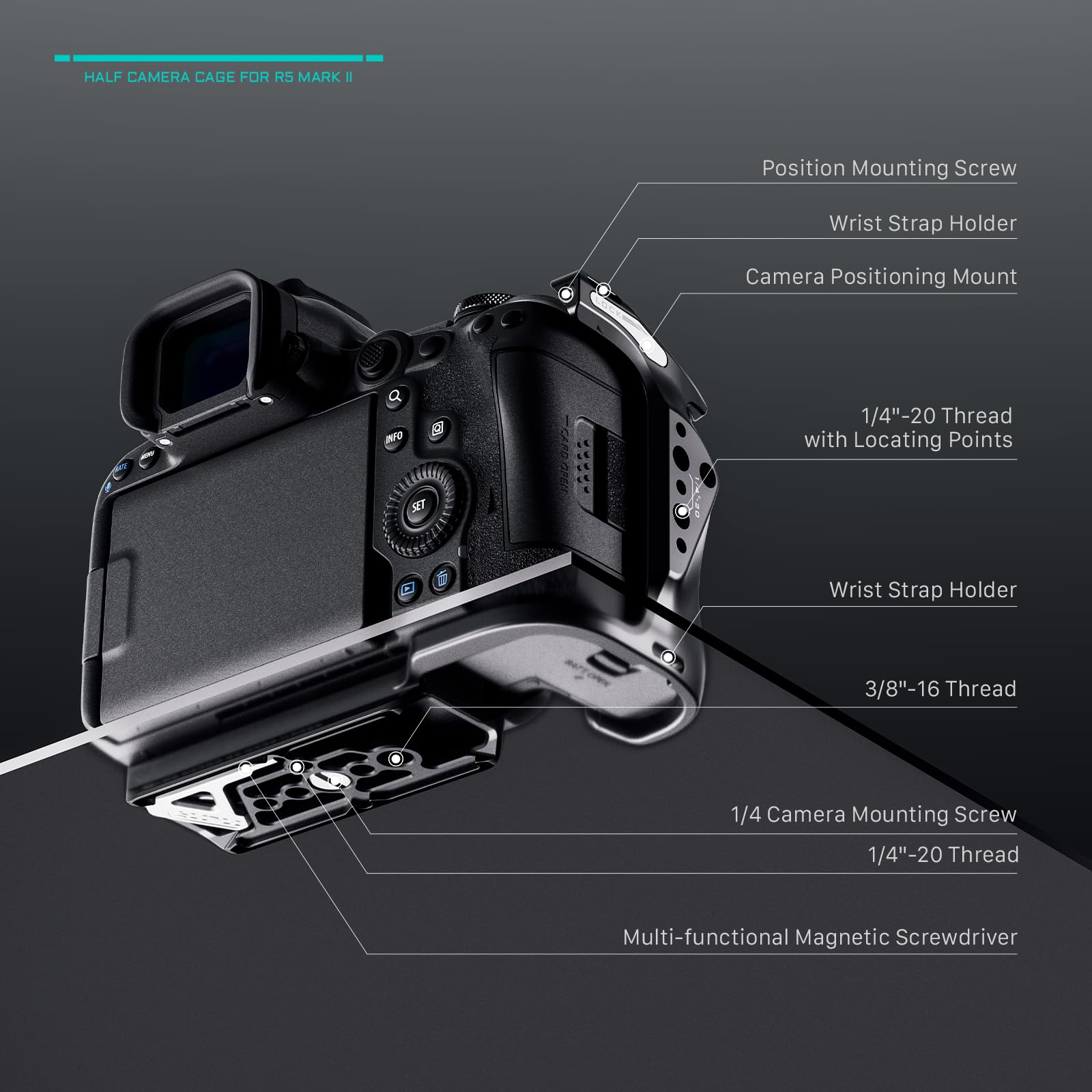 TILTA - Mezza gabbia per fotocamera compatibile con Canon R5 Mark II, con filettatura da 1/4"-20 e 3/8"-16 con punti di localizzazione, slitta fredda, colore nero TA-T68-HCC-B