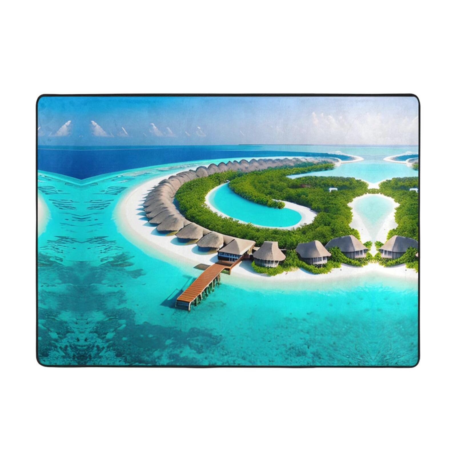 Tapis en flanelle grand format 200x150 motif paysage de plage antistain