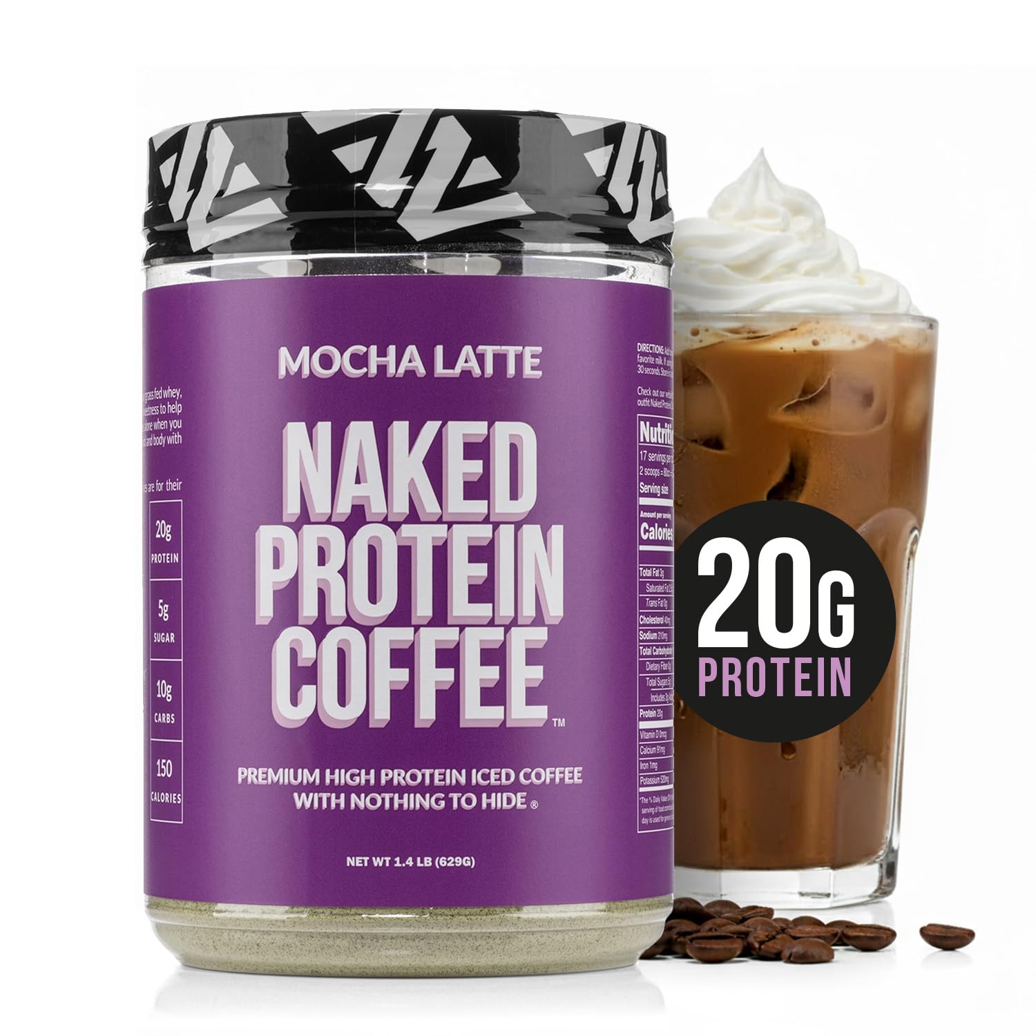 NAKEDMocha Latte Protein Coffee - Premium Colombian Iced Coffee Protein Shake Drink, Delicious Keto Friendly and Gluten Free, 17 Servings
