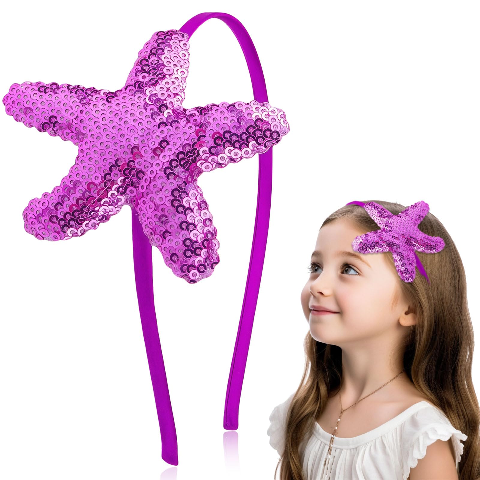 Pvoiue Mermaid Starfish Headband for Women Girls, Purple Holography Sequins Mermaid Starfish Hair Band for Women Girls Hair Accessories Summer
