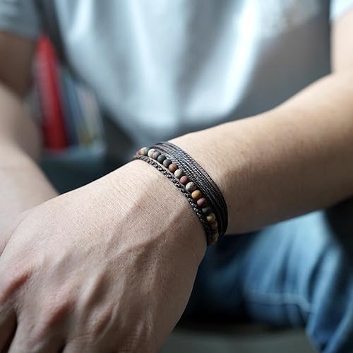 Miniatura 206 de Handmade Natural Stone Beaded Healing Bracelet Gift for Men Adjustable Rope String Bracelet (picasso jasper, Adjustable)