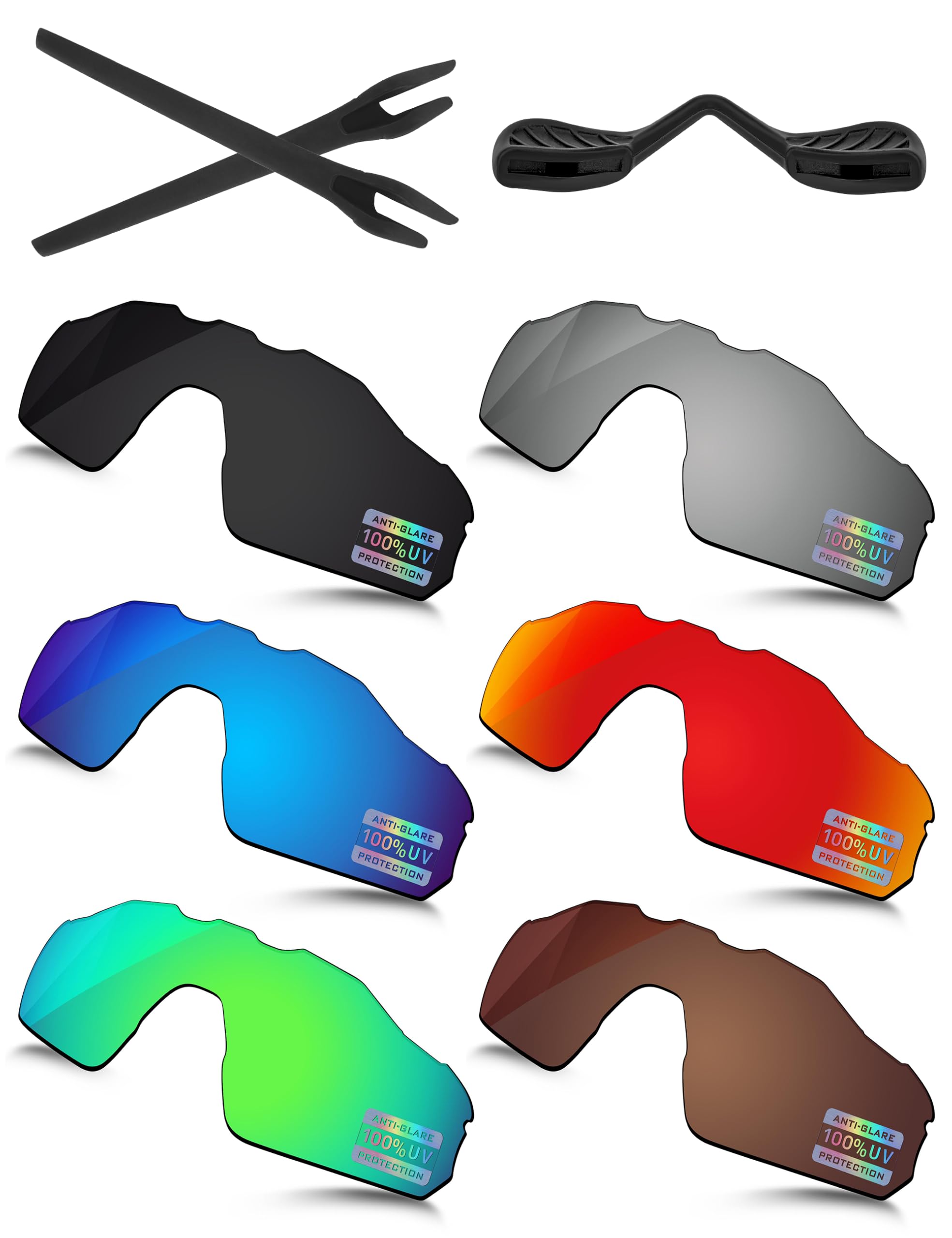 Bowyer 6 lenti polarizzate di ricambio e kit di gomma per occhiali da sole Oakley Radar EV Path XS OJ9001, nero + specchio in titanio + specchio blu surf + specchio rosso fuoco + specchio verde giada
